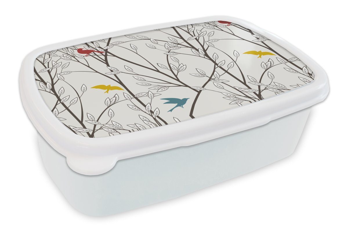 MuchoWow Lunchbox Muster - Pflanzen - Vogel, Kunststoff, (2-tlg), Brotbox für Kinder und Erwachsene, Brotdose, für Jungs und Mädchen weiß
