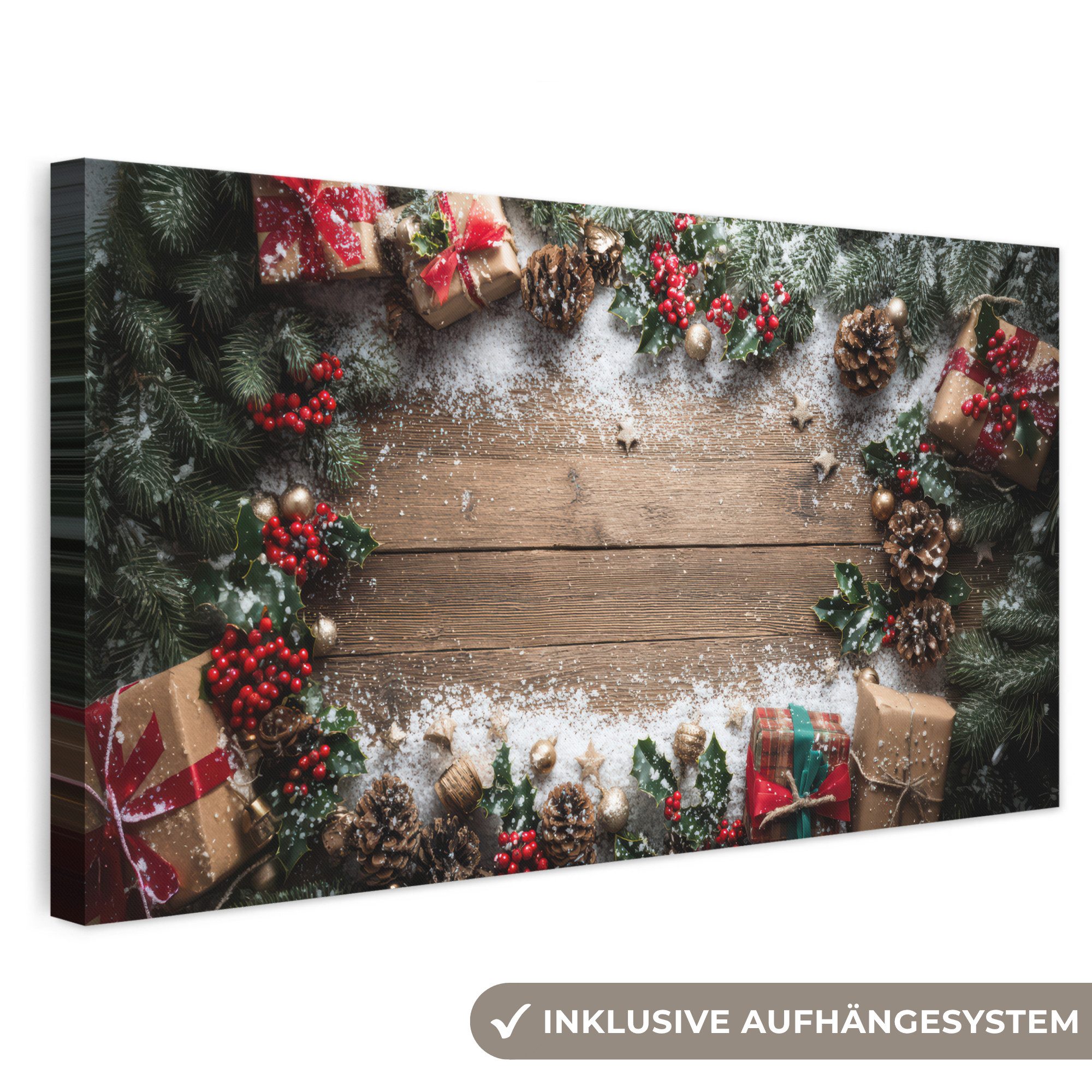 OneMillionCanvasses® Leinwandbild Panorama Weihnachtsdekoration - Geschenke - Holz - Mehrfarbig, Fotodruck (1 St), Wandbild, Deko Schlafzimmer Wohnzimmer Flur 40x20 cm
