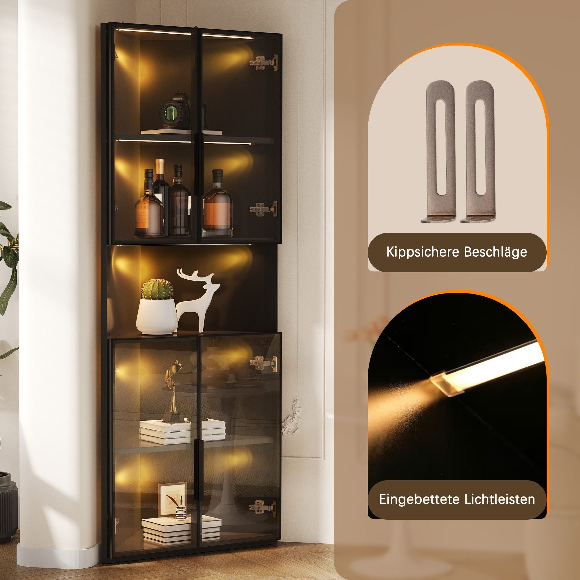 BlingBin Eckvitrine Dreieckige Vitrine mit Glasfront, LED-Licht und offenem Mittelbereich (1 Stück, 1-St., 62 × 32 × 160 cm (L × B × H) für Sammlerstücke, Gläser und Dekoration