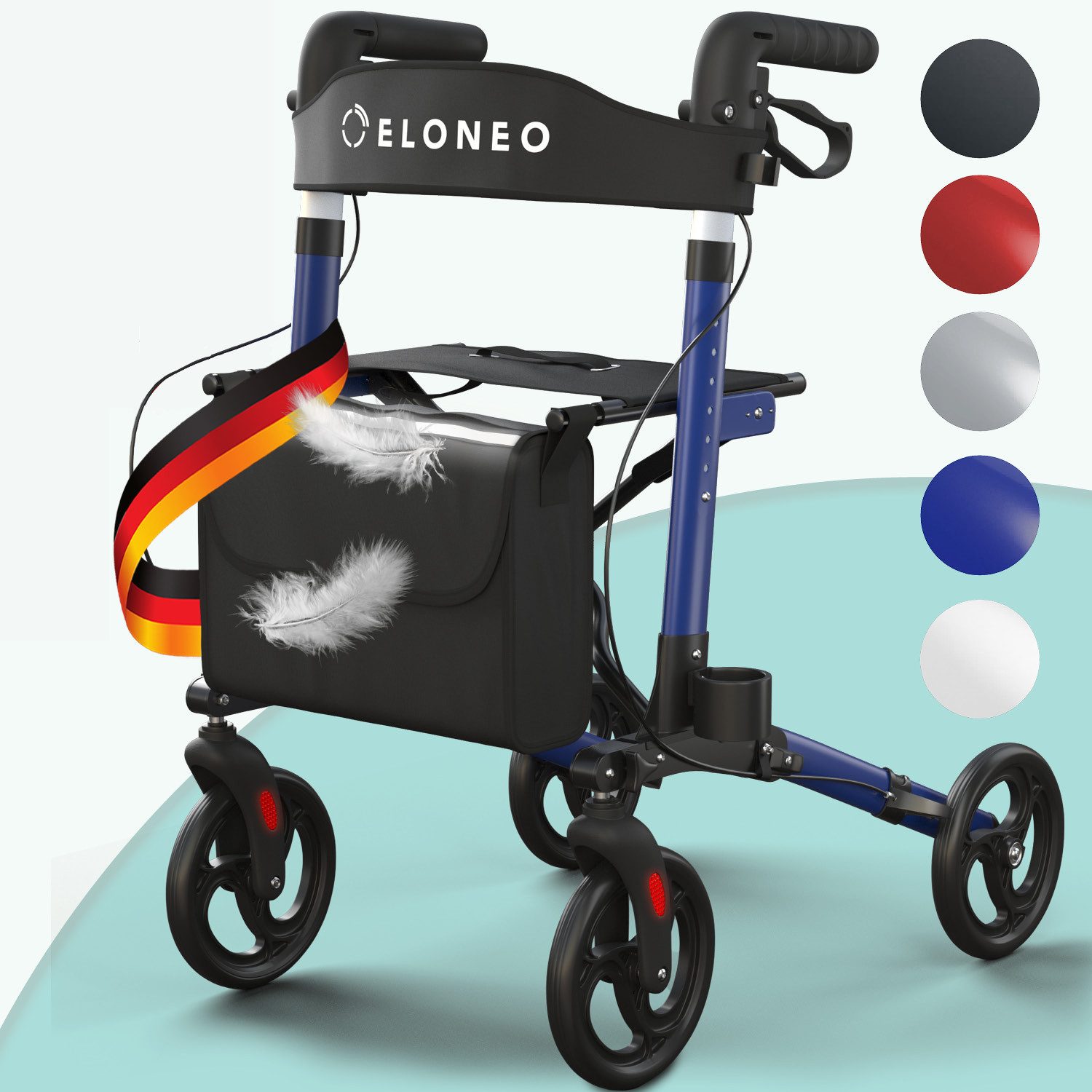 ELONEO Rollator leicht und faltbar, Hilfsmittel für Senioren, Gehhilfe, Komfort-Sitz mit Stockhalter, Einkaufstasche & Rückengurt