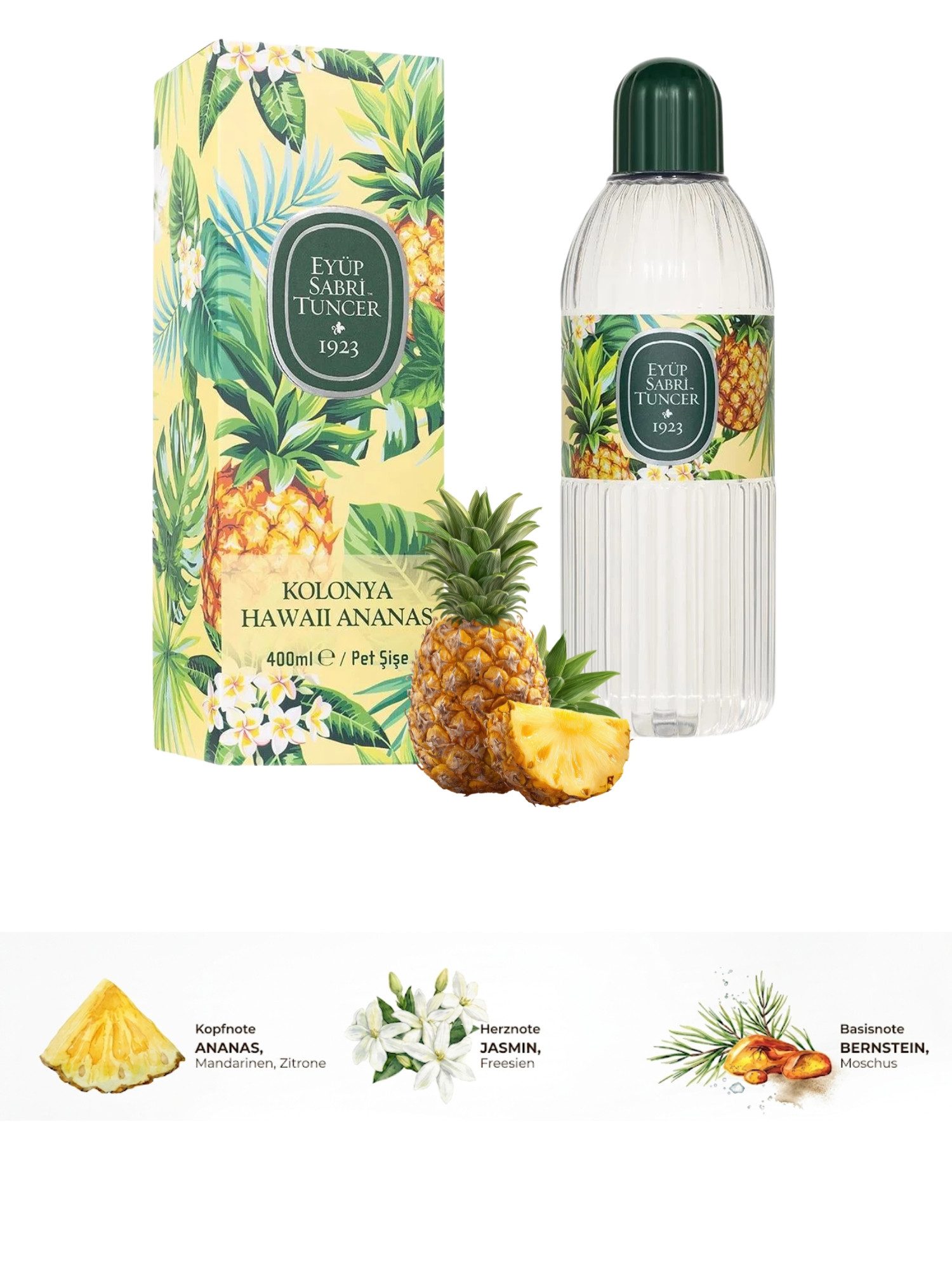 EYÜP SABRI TUNCER Eau de Cologne EST Hawaii Ananas Kölnisch Wasser 150ml & 400ml – Erfrischend, Exotischer Ananasduft & erfrischendes Kölnisch Wasser