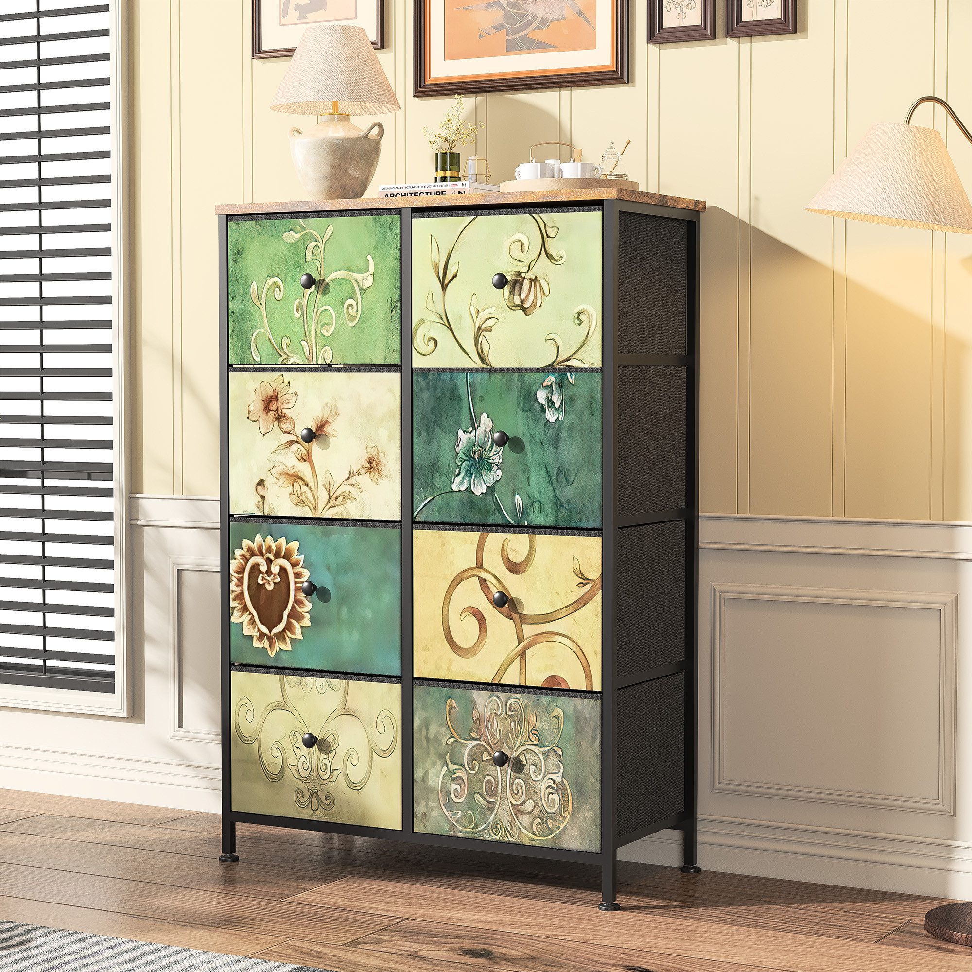 PXloue Kommode Sideboard Schubkastenkommode, 8 Schubladen, Retro-Stil, Blumenstoff, Breite 67,5cm