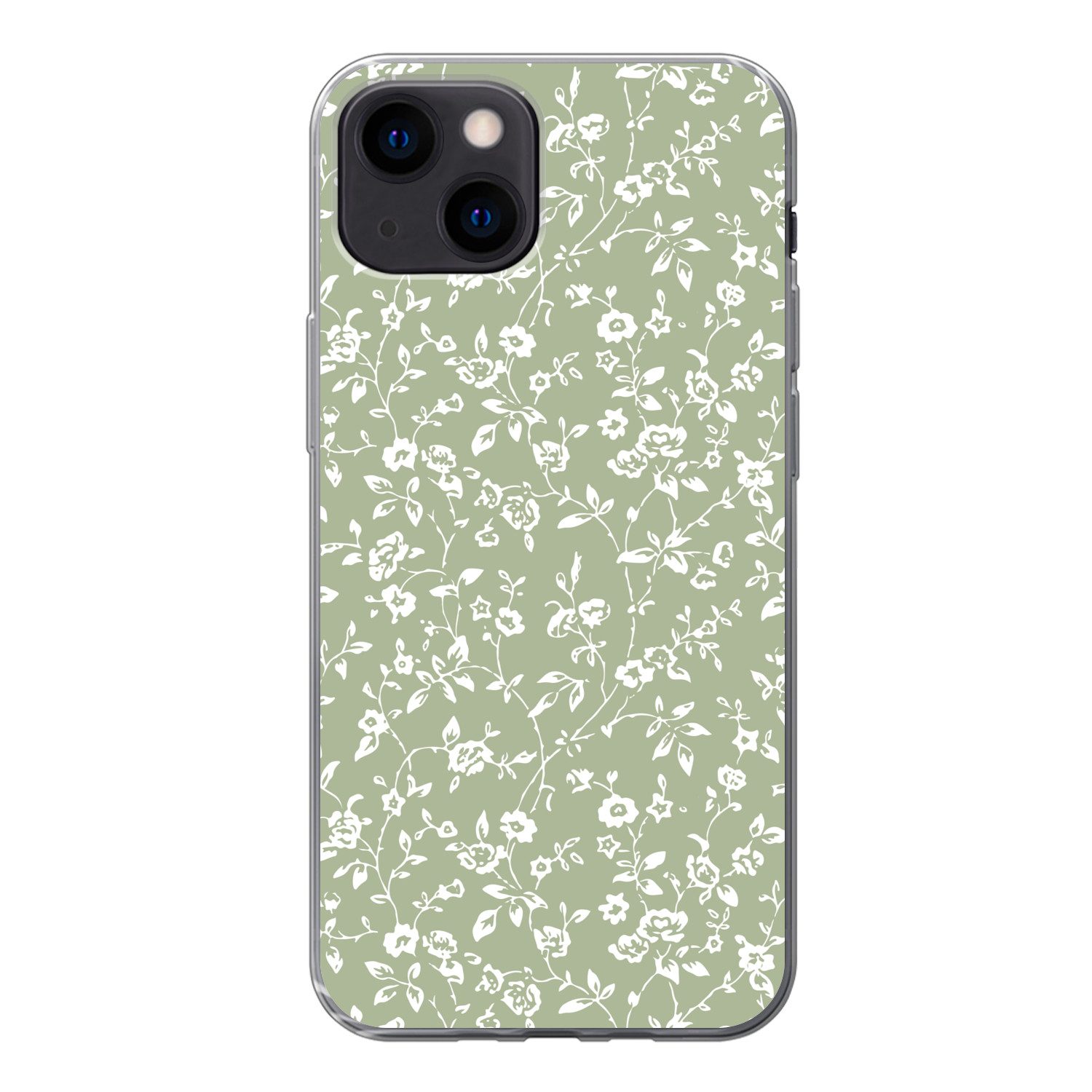 MuchoWow Handyhülle für Apple iPhone 13 mini Blumen - Druck - Grün - Weiß, Smartphone-Bumper, Print, Handy Schutzhülle Dünn
