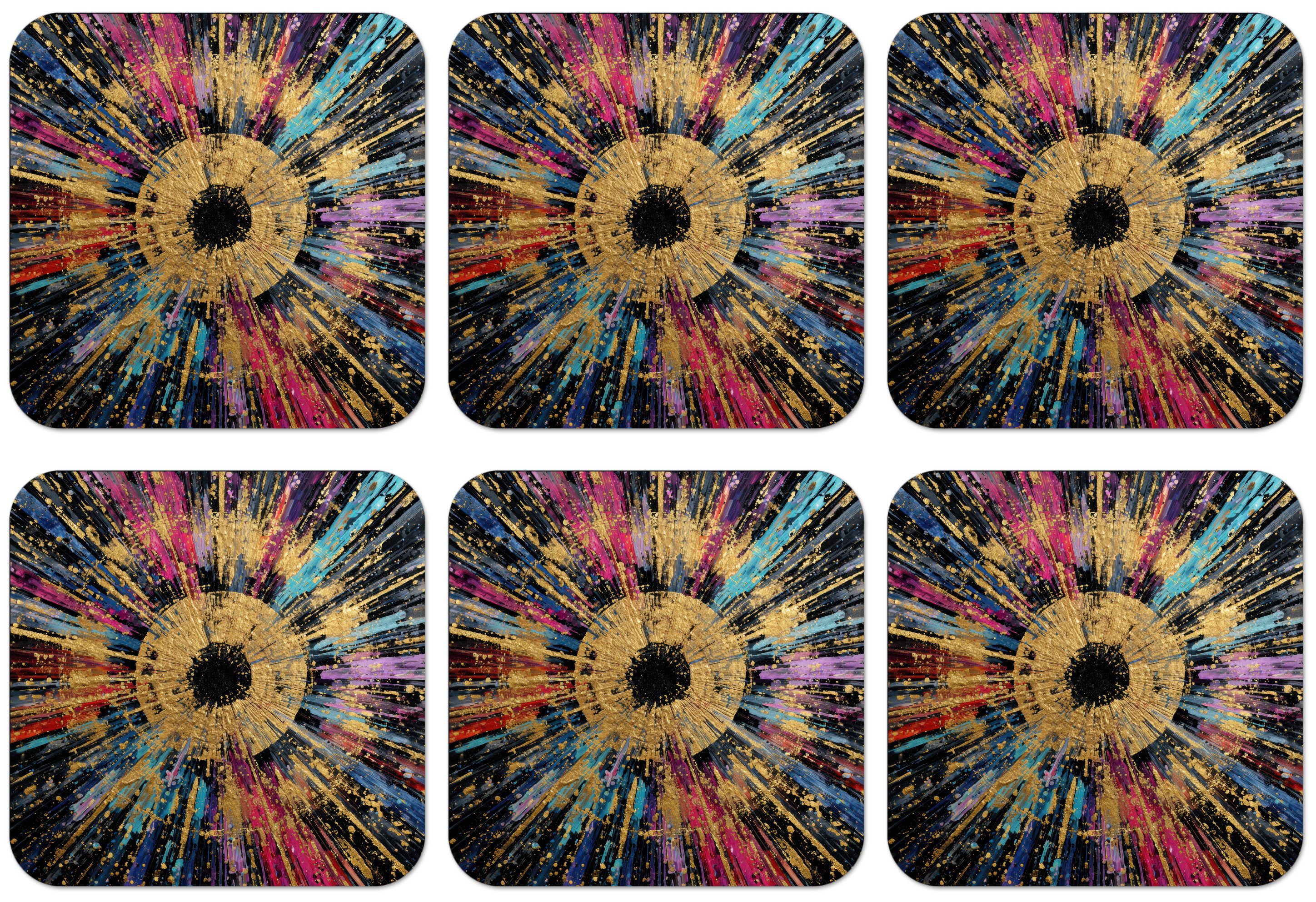 MuchoWow Glasuntersetzer Explosion - Gold - Bunt - Abstrakt, Zubehör für Gläser, 6-tlg., Tassenuntersetzer Kork, Quadrat, Untersetzer Set Gläser, 10x10 cm