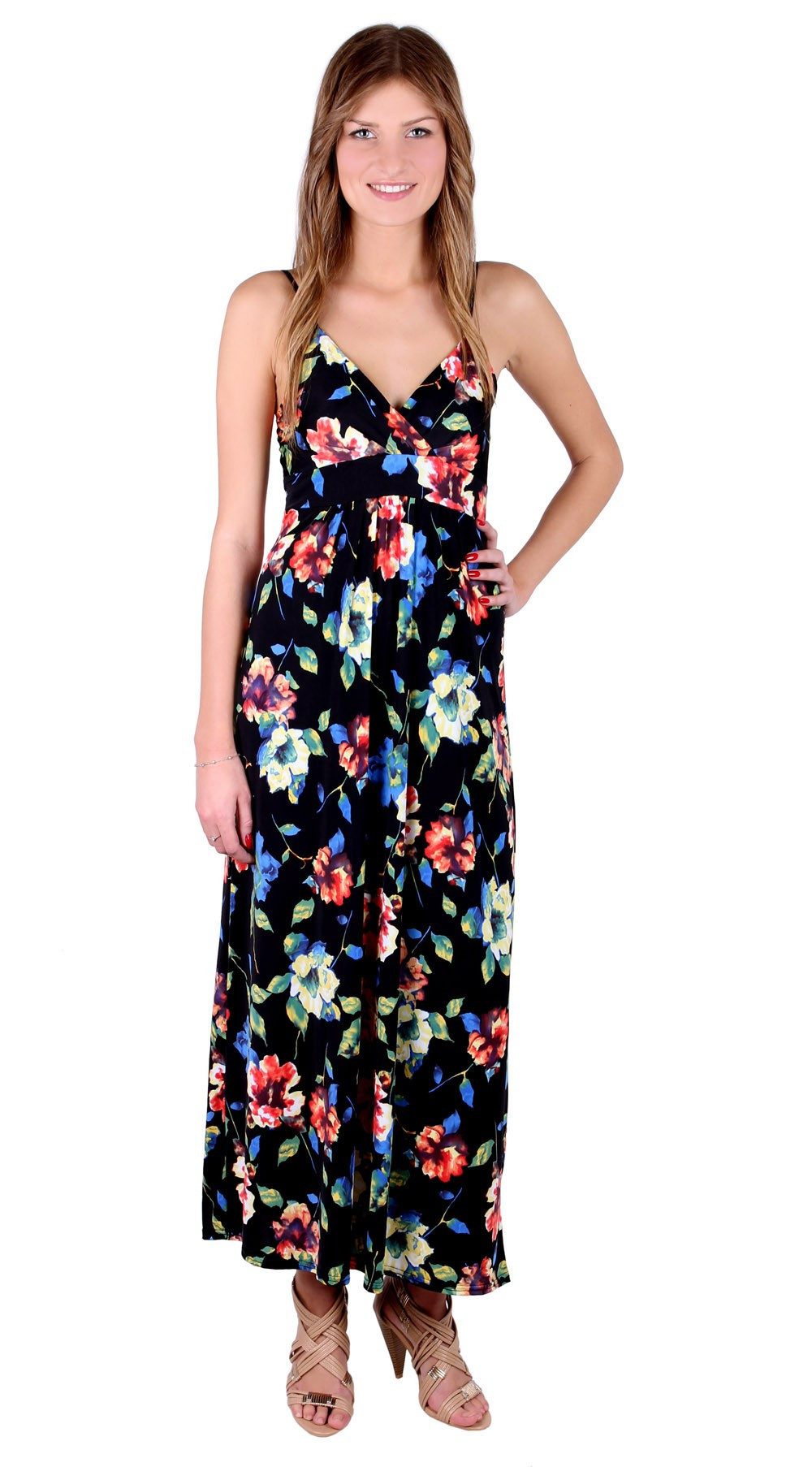 Maxikleid John Zack Schwarzes Maxikleid mit Blumenmuster S-M