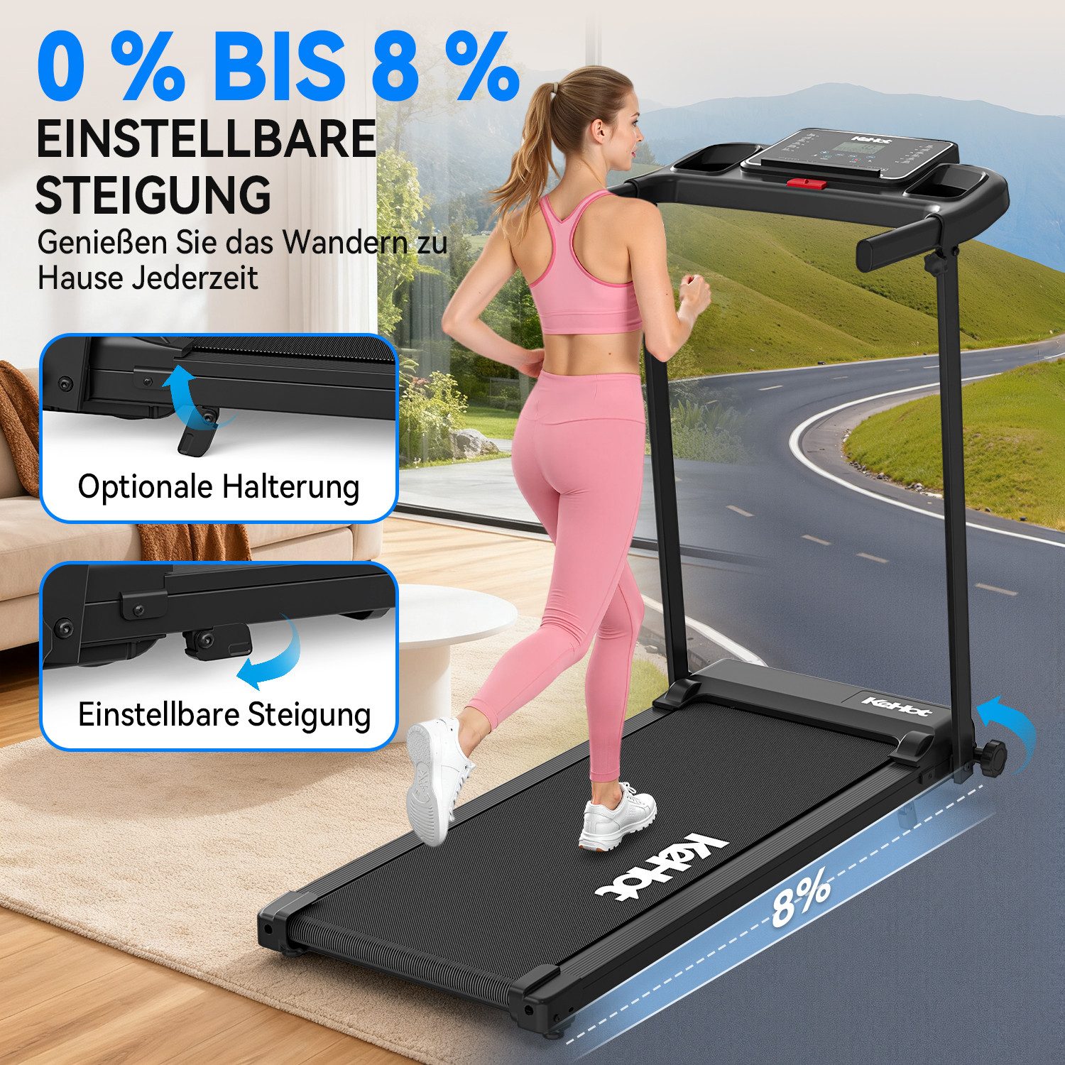 kehot Laufband Kompaktes Laufband für Zuhause – 1–12 km/h & 8% Steigung (Bluetooth App Steuerung – 12 Trainingsprogramme für Cardio, Leise & Gelenkschonende Lauffläche – Shock Absorption System), Platzsparend & Klappbar – Ideal für Homegym & kleine Räume