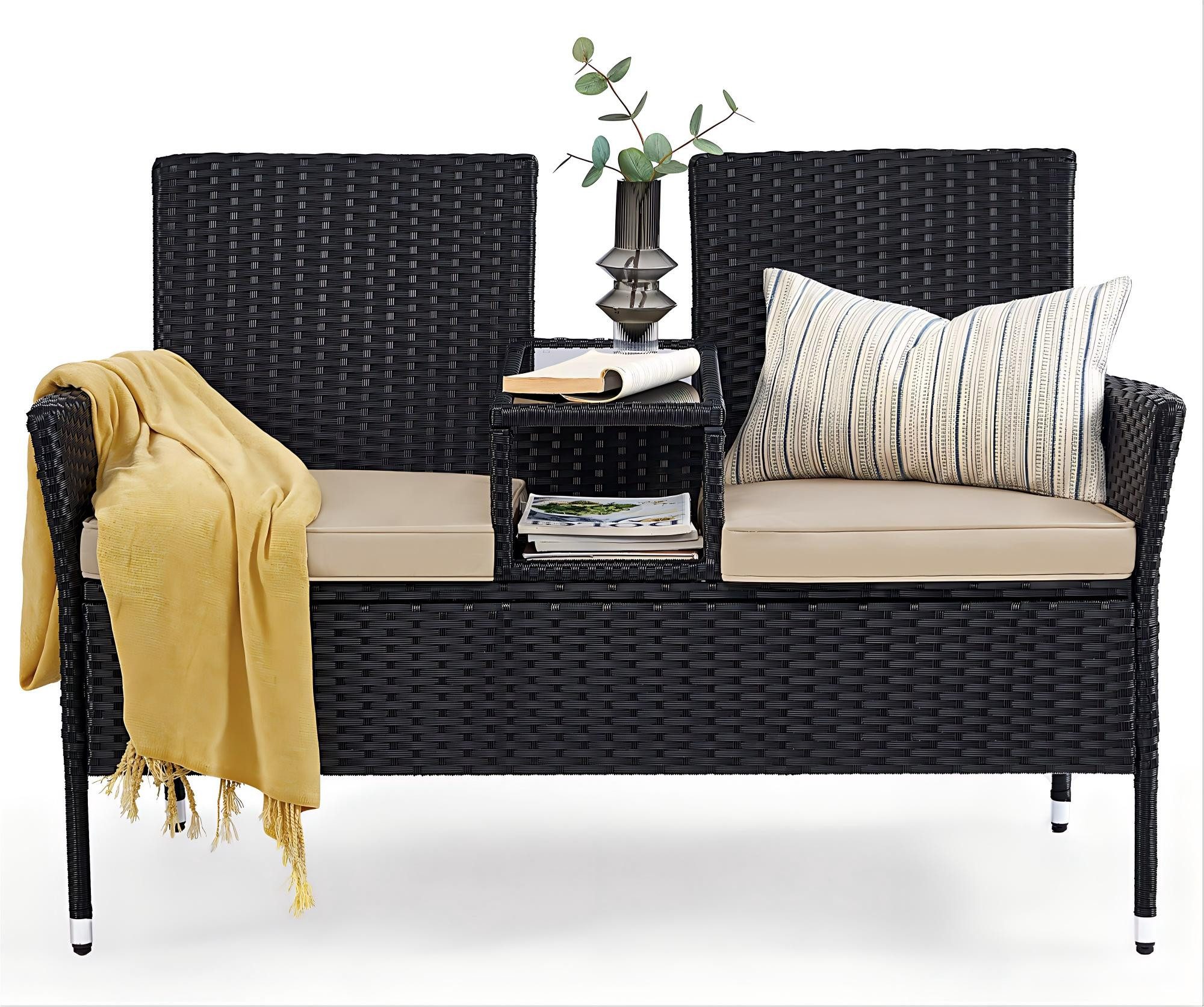 SONGMICS Balkonset, (1-tlg., 1 Gartensofa, mit Tisch, Kissen), Gartenmöbel, Gartenbank, aus PE-Polyrattan,Terrassenmöbel