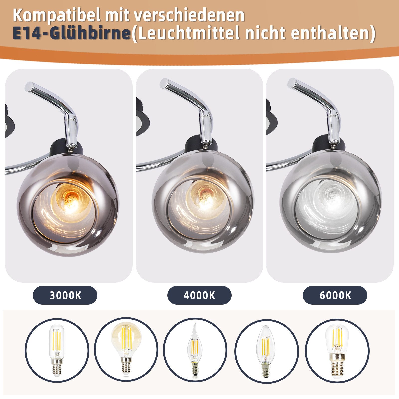 Nettlife Deckenstrahler Wohnzimmer 2/3/4/6 Flammig E14 Deckenleuchte Rauchg günstig online kaufen