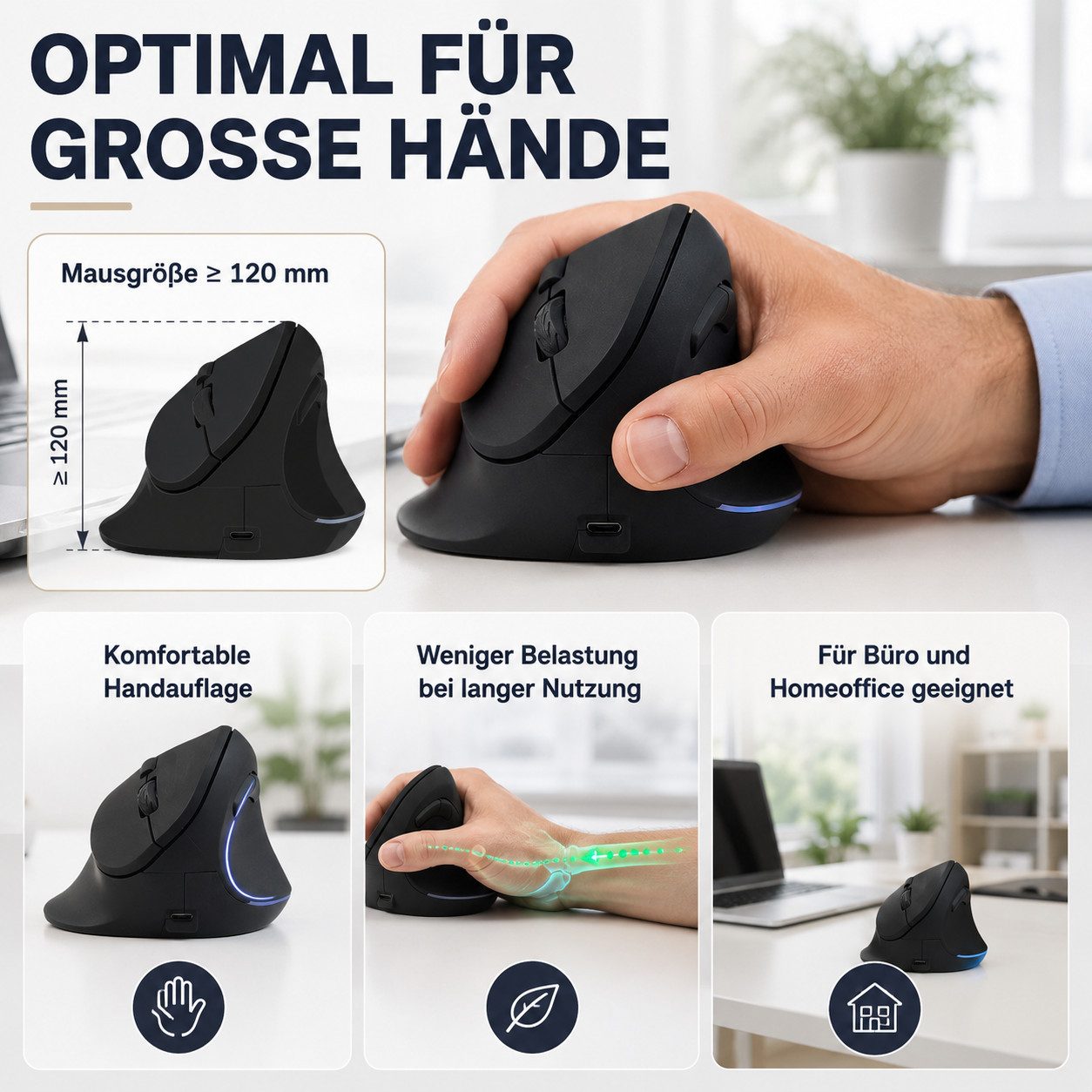 Vornix Kabellose Bluetooth Vertikale Maus 2.4G mit RGB Beleuchtung Mäuse (6 Tasten Ergonomische Maus, 4-Wege-Scrollrad, 800-3600 DPI für Büro) – Bild 2 von 5