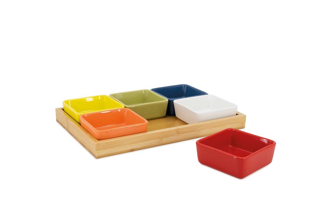Remember Tapas-Schale, Porzellan, Remember buntes Чашиset mit Holztablett 7-teilig
