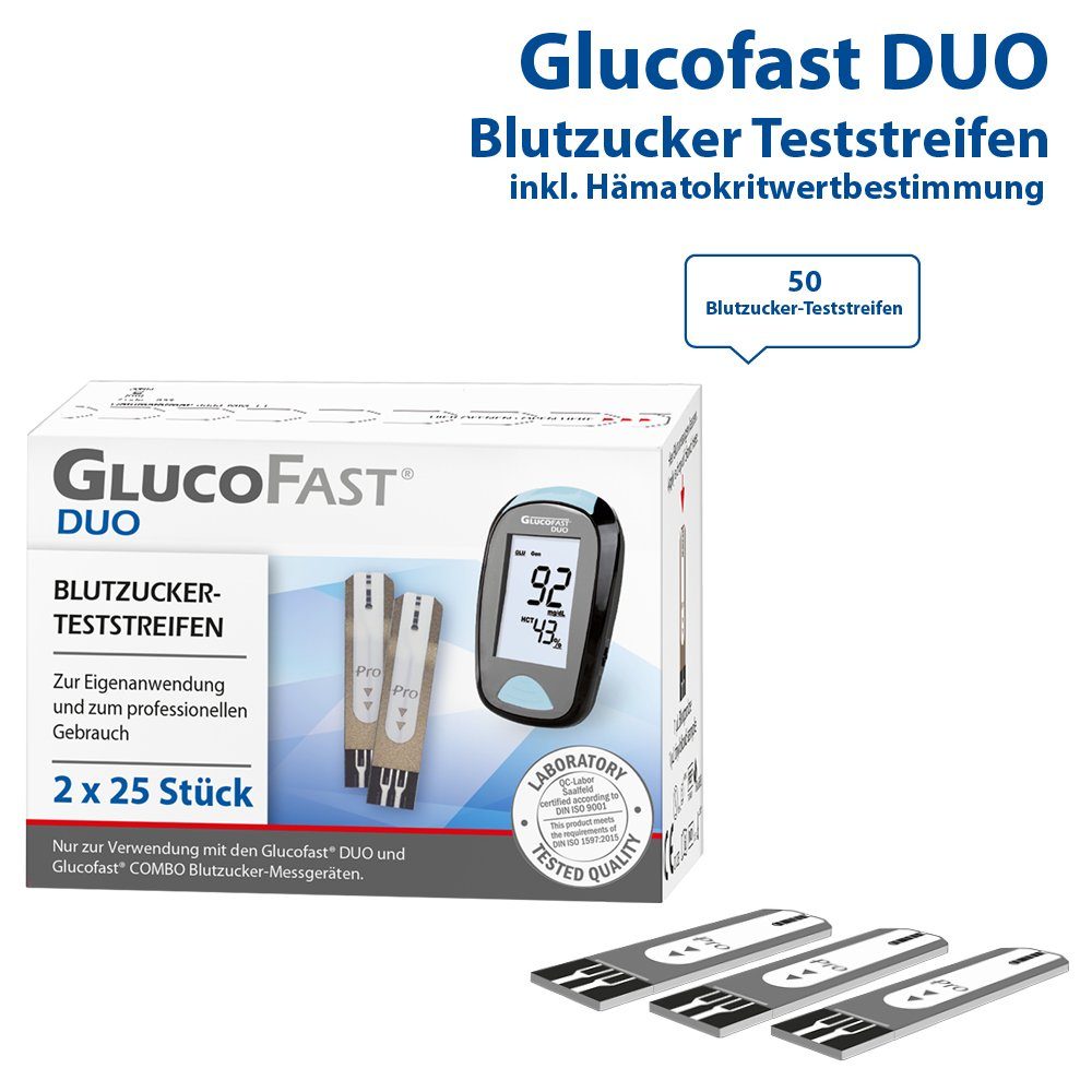 GLUCOFAST Blutzucker-Teststreifen DUO, 50 Diabetes Teststreifen, 50-tlg., Für das Glucofast DUO Blutzucker Messgerät