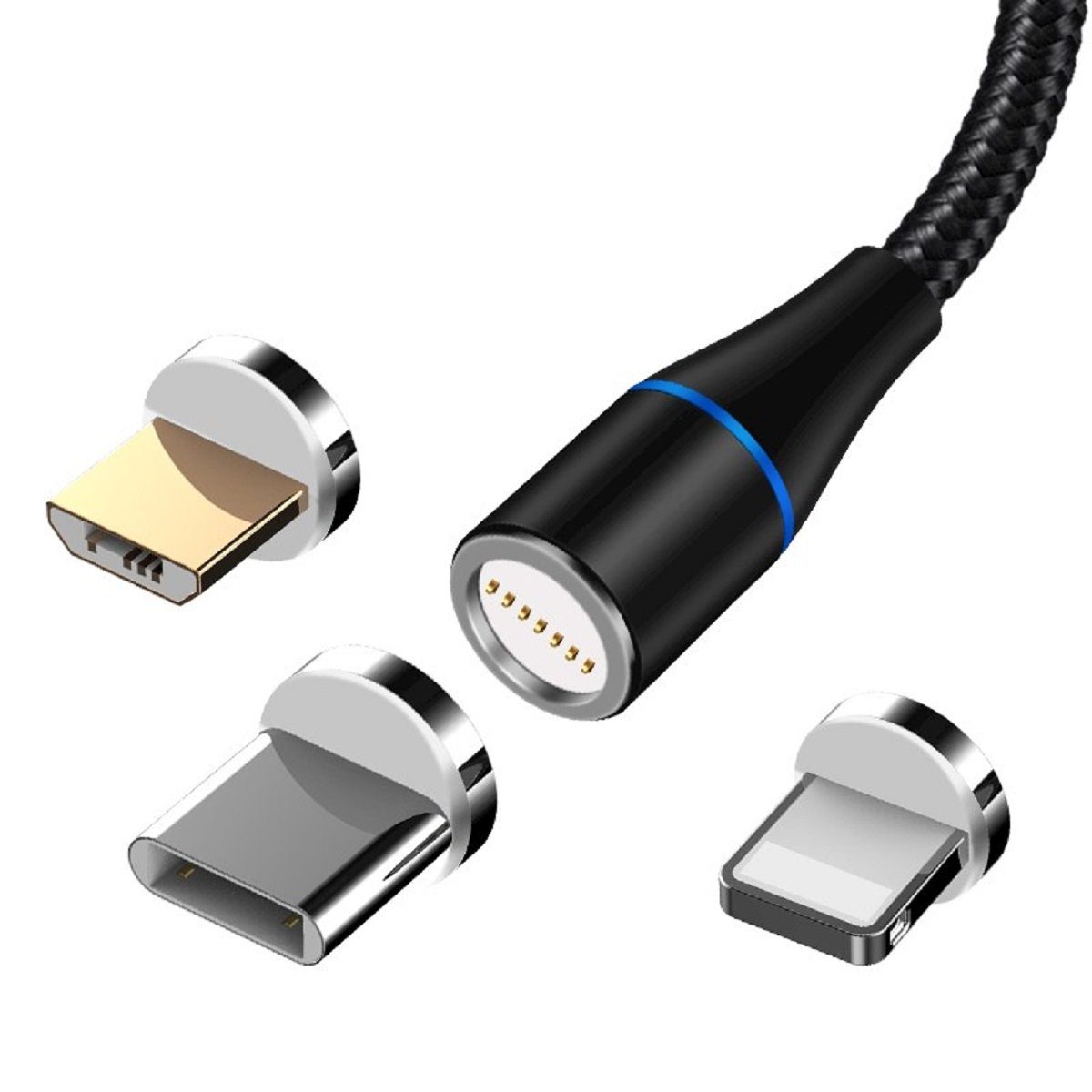 MaXlife magnetisches Kabel USB - iPhone + USB-C + microUSB 1,0 m 3A schwarz USB-Kabel, (100 cm)