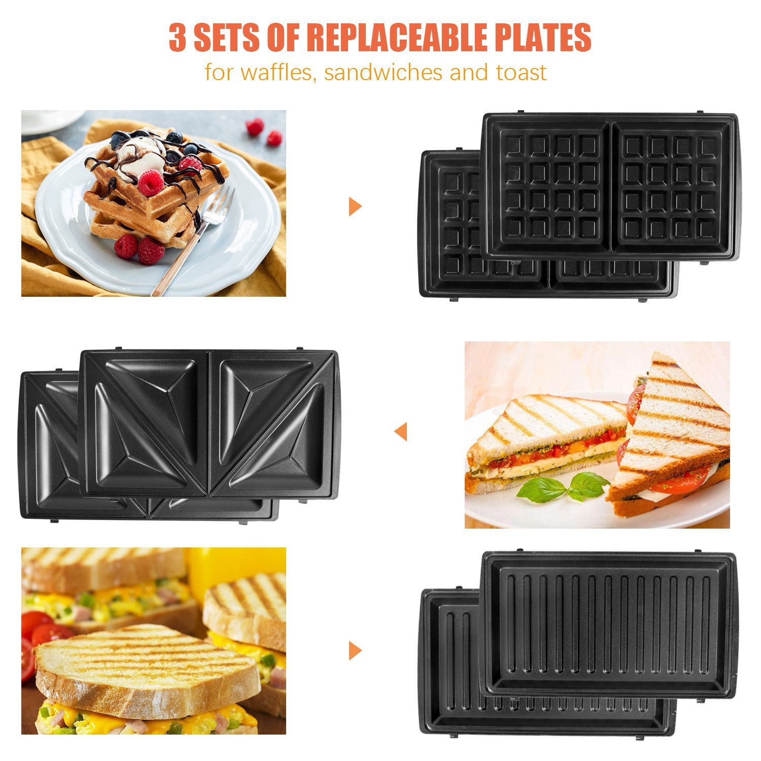 OZAVO 3-in-1-Sandwichmaker GLHS120N, 750 W, Waffeleisen Sandwichtoaster, Antihaftbeschichtete abnehmbare Platten