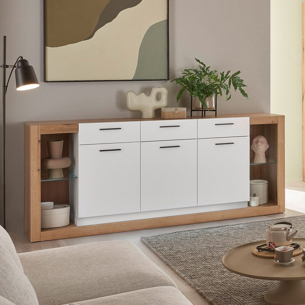 Lomadox Wohnzimmer-Set BELLAGIO-61, (Mega-Spar-Set, 4-St., Sideboard Vitrinenschränke Lowboard), in Eiche mit weißen Fronten, viel Stauraum, Glaseinlegeböden
