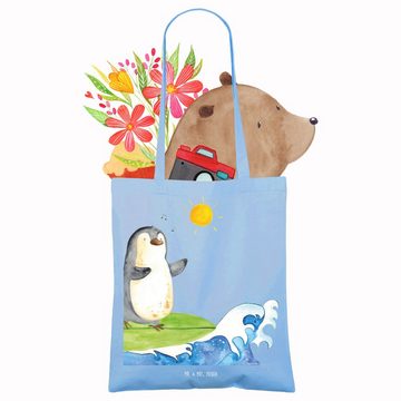 Mr. & Mrs. Panda Tragetasche Pinguin Surfer - Sky Blue - Geschenk, surfen, Einkaufstasche, Jutebeu (1-tlg), Lange Tragegriffe