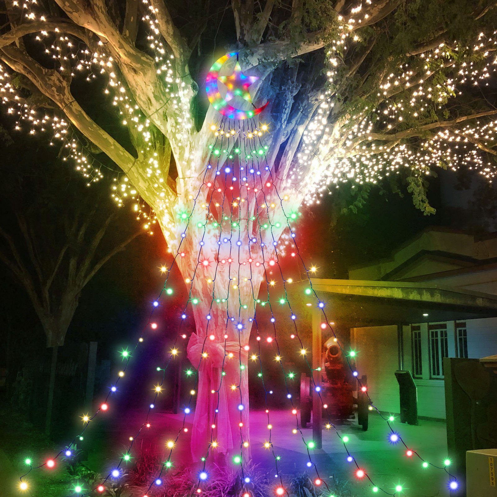 Timer Weihnachtsbaum Wasserfall Modi, 350-flammig, LED-Lichterkette 8 Sunicol Lichterkette, Star, Mehrfarbig LED Topper