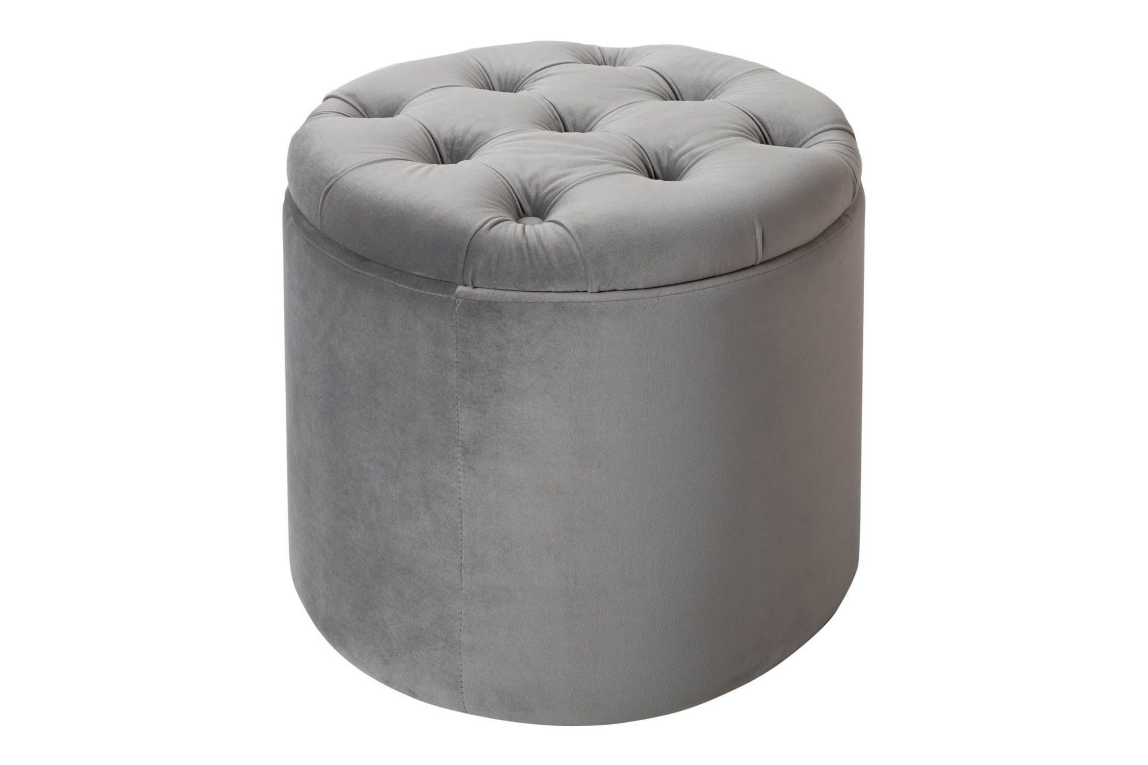Licht-Erlebnisse Hocker LAURA, Samt Metall Ø 50 cm H: 43 cm mit Stauraum Grau Chesterfield Pouf