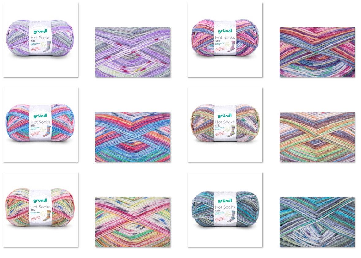 Gründl Hot Socks Sockenwolle 4fach, Paket 6x100g Sockengarn mit Farbverlauf Häkelwolle, (Spar-Set, mit Kaschmir oder mit Seide oder mit Alpaca)