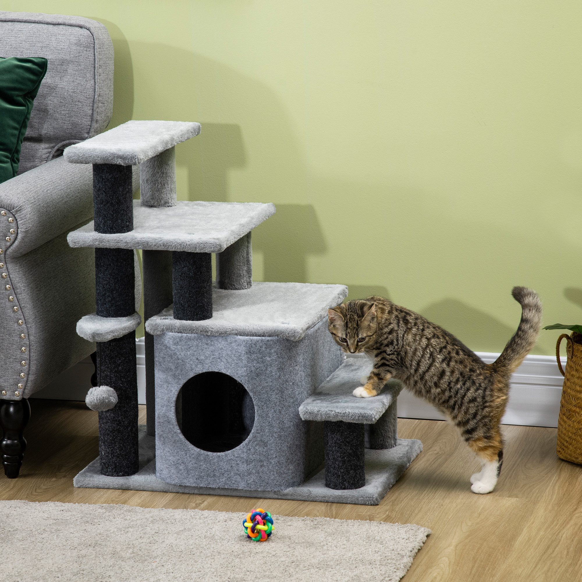 furnicato Katzen-Kletterwand Katzentreppe 60L x 40B x 66H cm in Grau für ältere Katzen, Höhenverstellbare Tiertreppe mit Kratzbaum und integriertem Katzenhaus