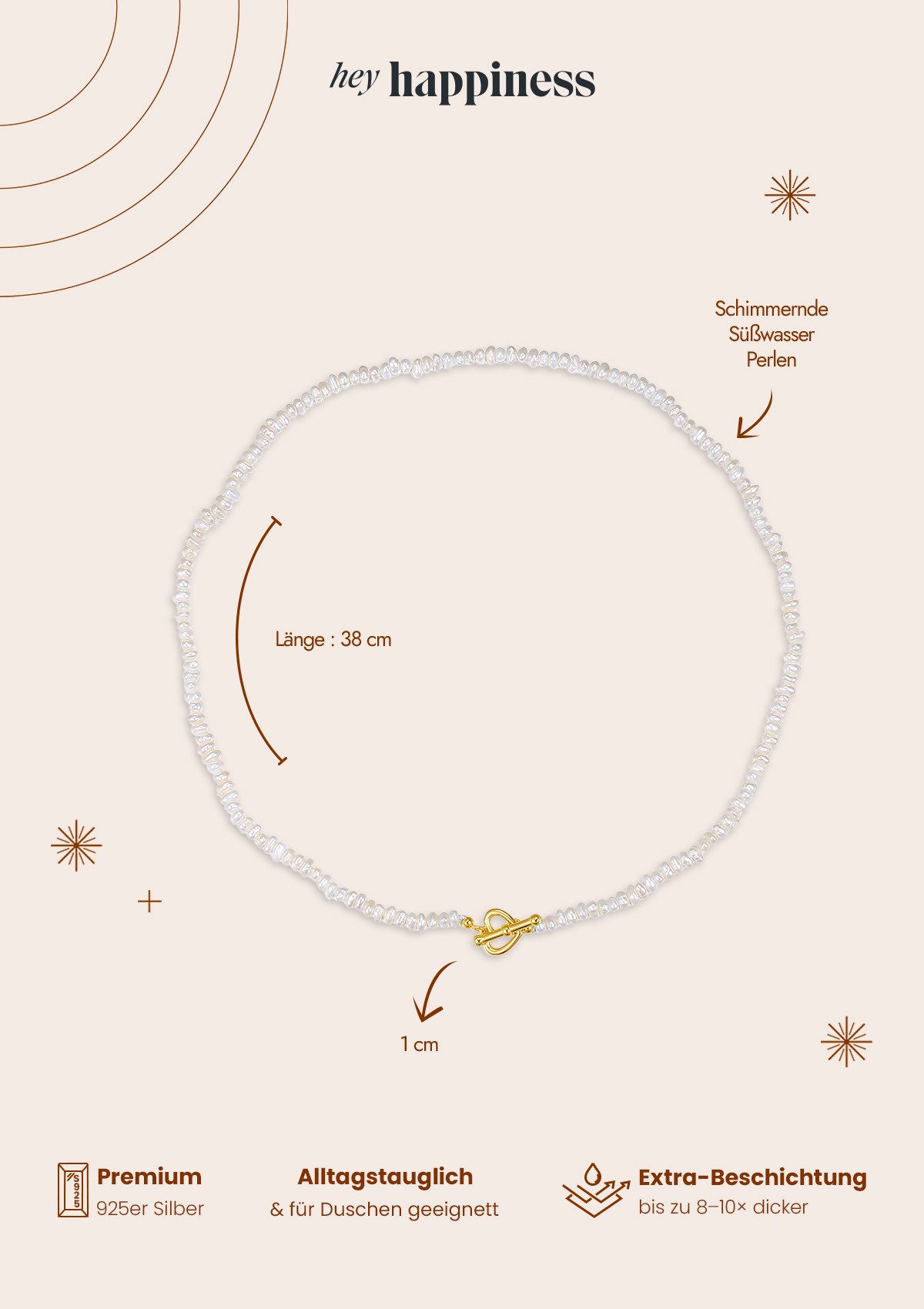Hey Happiness Perlenkette Choker Damen, echte Süßwasserperlen, Herz & Knebelverschluss aus 925 Silber – Bild 4 von 5