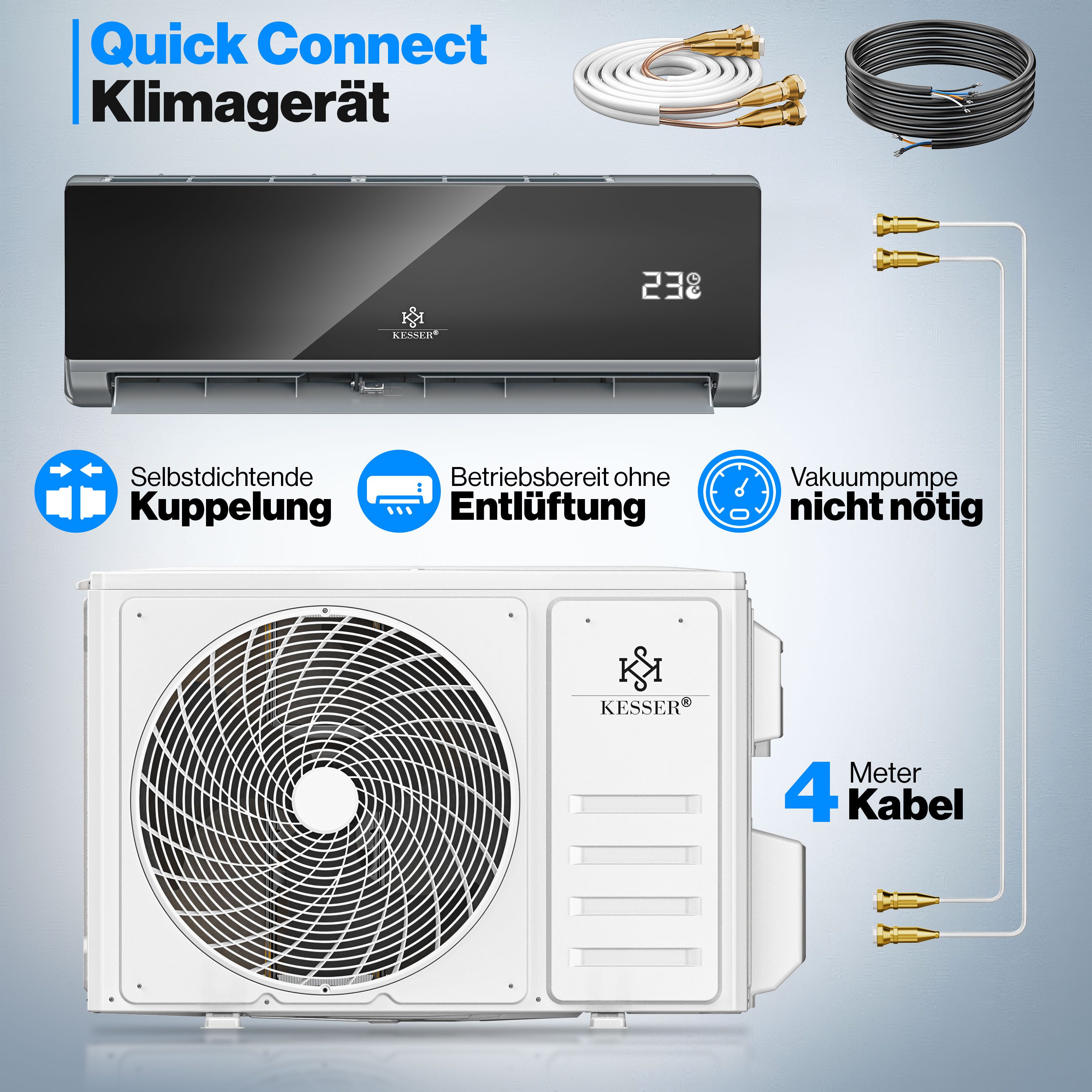 KESSER Split-Klimagerät Set Quick Connect Split Klimaanlage 9000 BTU Kühlen & Heizen 2,6kW R32, mit WiFi & App Funktion, Fernbedienung, Timer, inkl. Montagematerial