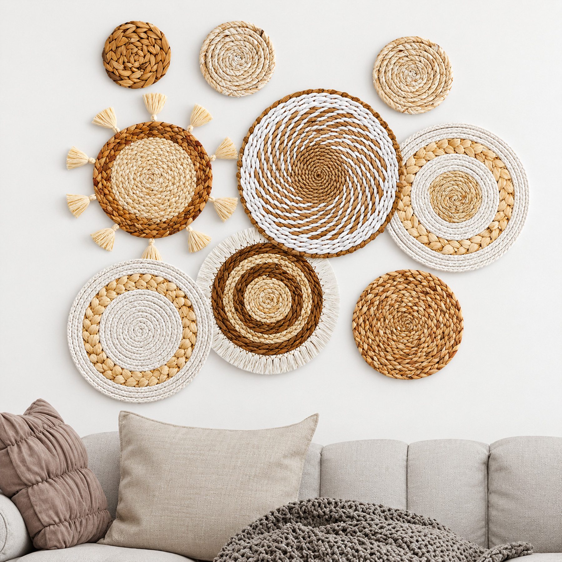 Mutig Wanddekoobjekt Boho-Wandkorb-Set, gewebte Wandkorbdekoration, Seegras, Rattan (Runde Bauernhaus Hängende Körbe, 9 St., Boho-Wanddekoration, runde Wandkunst), für Bauernhaus, Schlafzimmer, Wohnzimmer, Ausstellungstisch, Küche