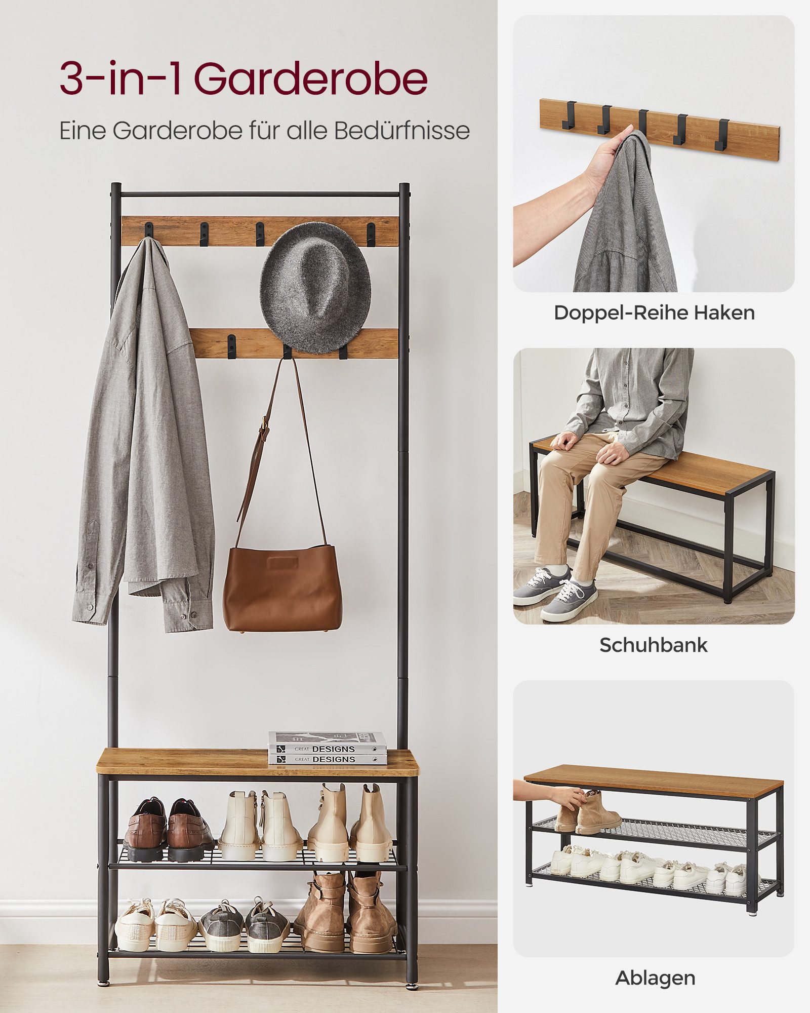 VASAGLE Garderobenständer Garderobe, Kleiderständer, mit Schuhbank, 3-in-1 Design, Stahl, 32 x 70 x 175 cm