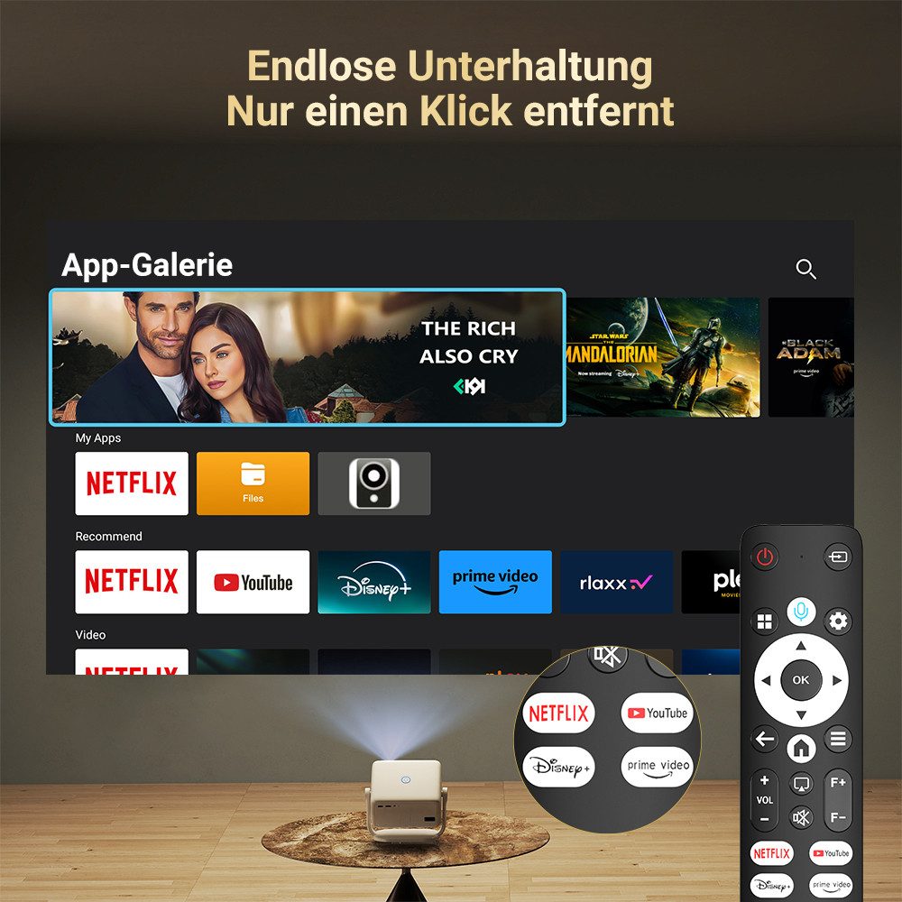 XGODY N6 Projektor, natives 1080P Beamer 4K Mit Netflix Zertifizierung Beamer (3840 x 2160 px (700 ANSI) px, KI-Sprachunterstützung, Autofokus Projektor für Heimkino)