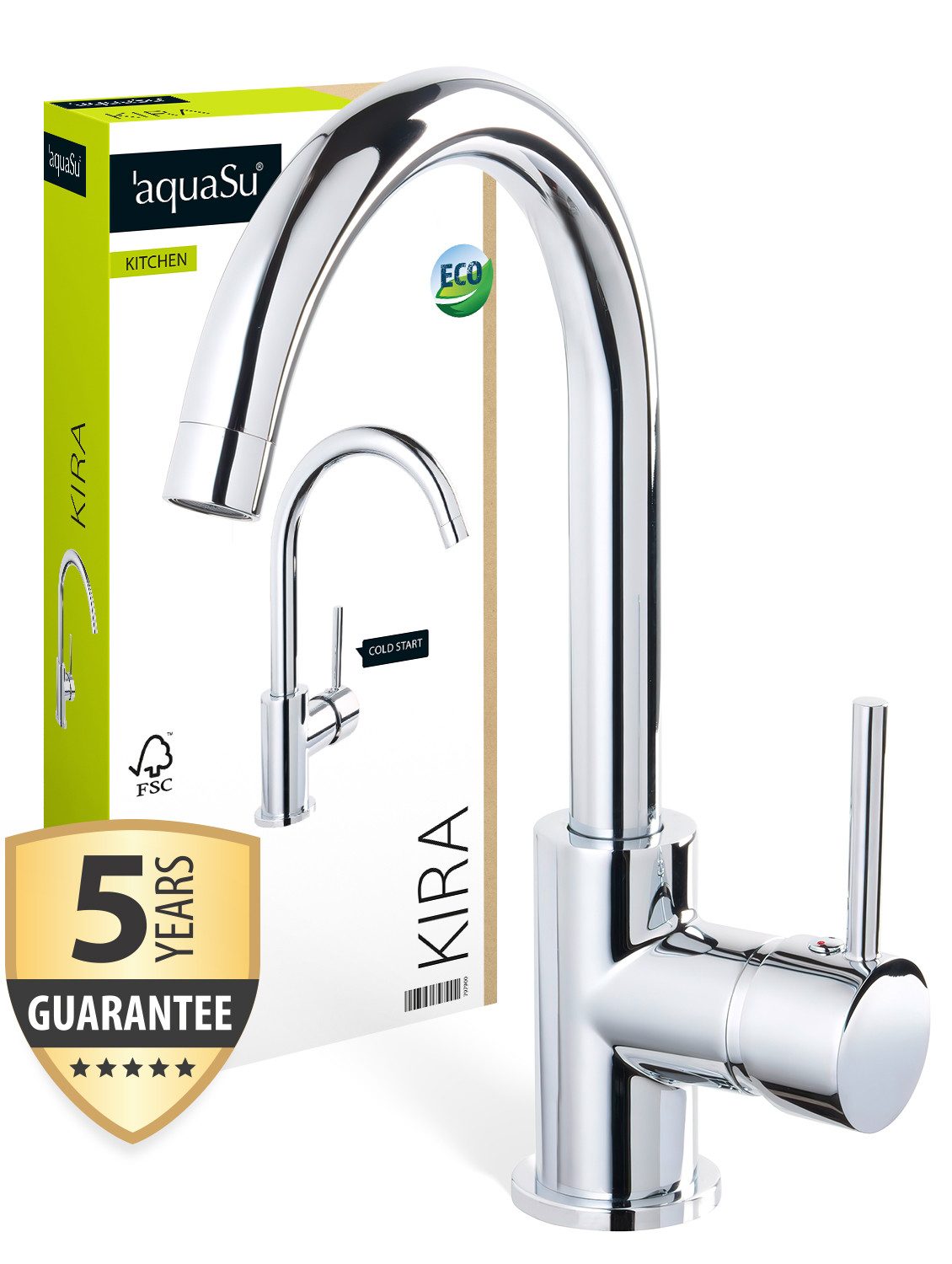 aquaSu Spültischarmatur Kira Chrom, hoher Auslauf, Kaltwassermittelstellung, Wassersparend