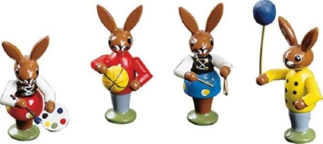 Richard Glaesser Osterhase Kinder spielend 4-teilig (5cm) handbemalt, Handwerkskunst original Erzgebirge