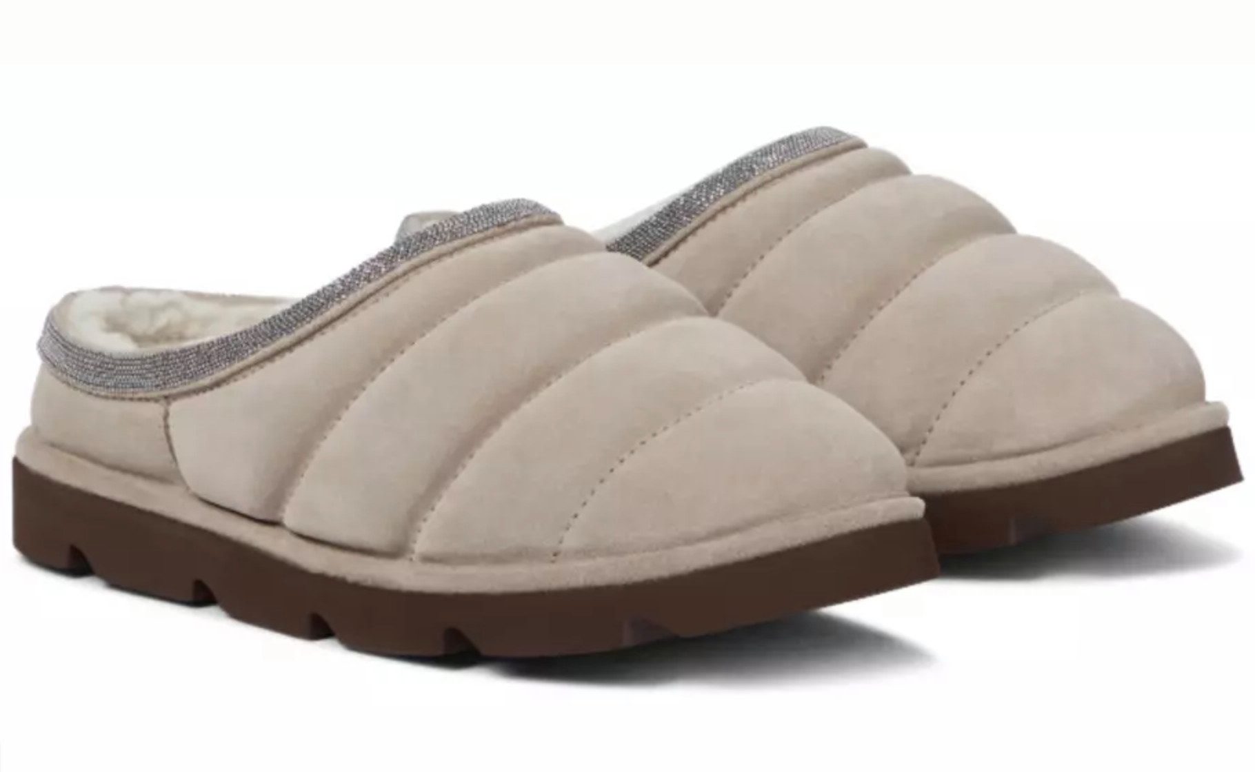 BRUNELLO CUCINELLI Gefütterte Mokassins aus gestepptem Wildleder mit Monili-Perlen Pantolette Gestepptes Wildleder, weiche Shearling-Fütterung