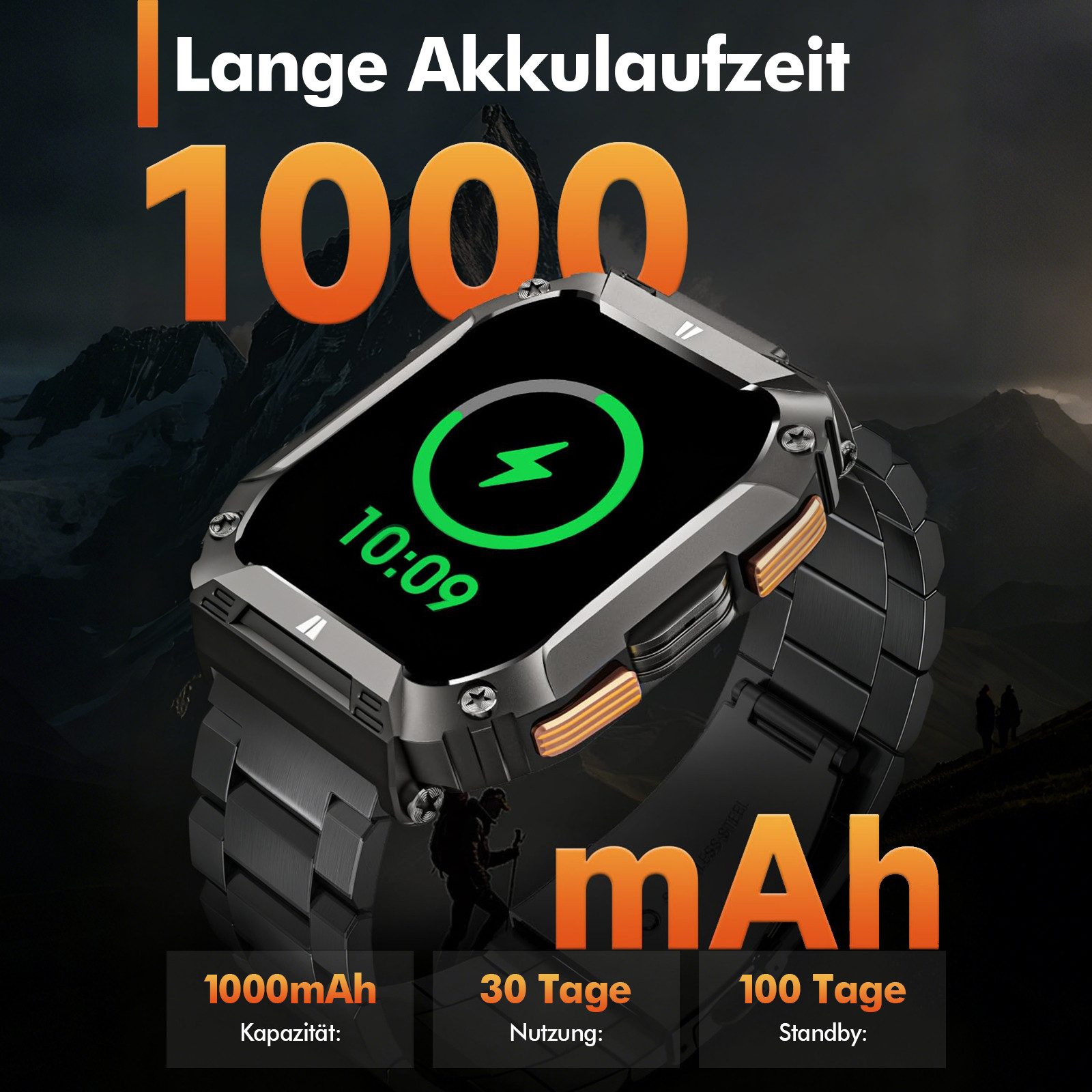 ANYSUN Smartwatch Herren Militär mit 1000mAh Akku/LED Taschenlampen, Smartwatch (4.95 cm/2,01 Zoll) Outdoor Smartwatch mit Telefonfunktion,Wasserdicht Fitnessuhr, 100+ Sportmodi, Pulsmesser/Schlafmonitor/Android und iOS