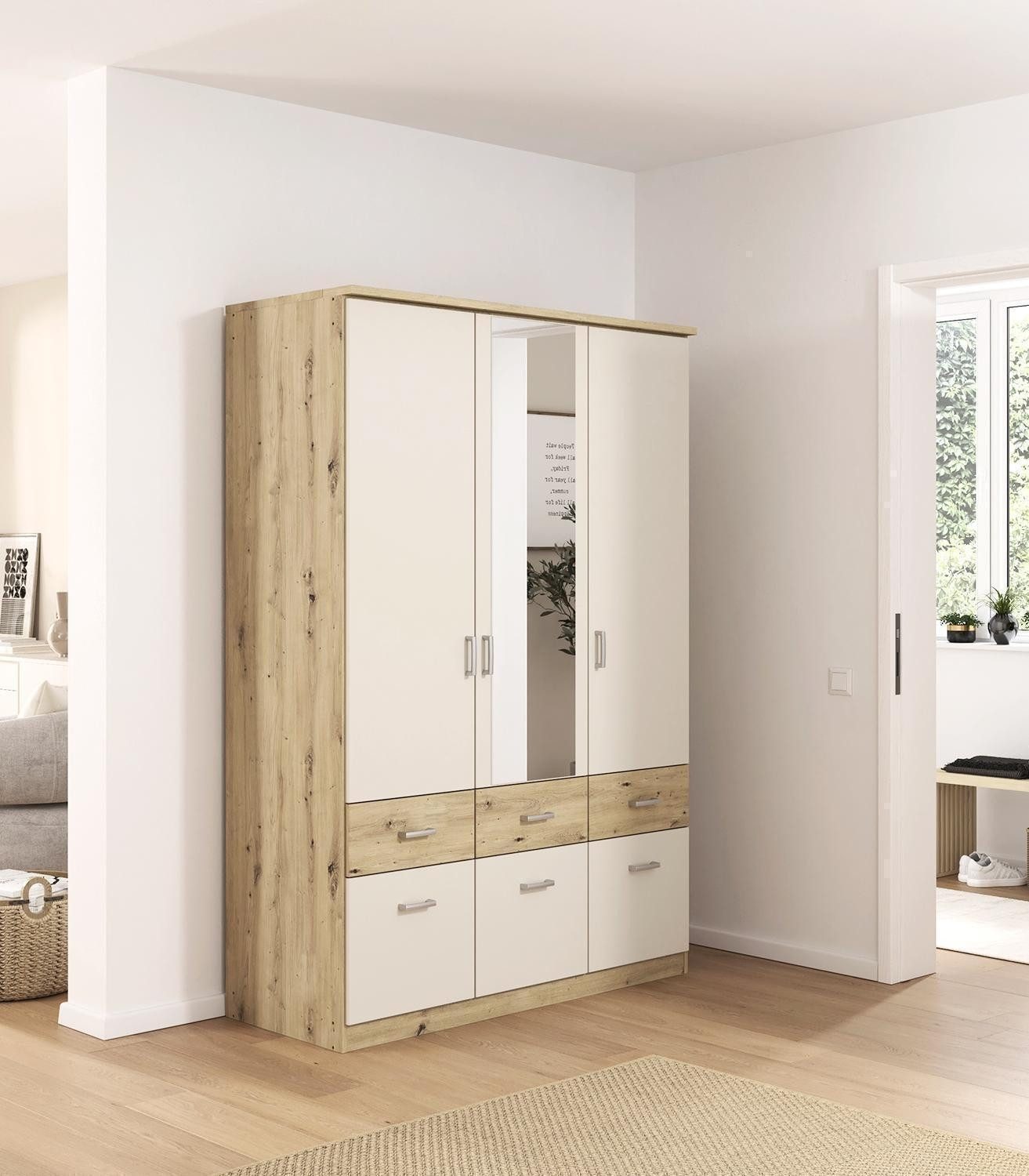 rauch Kleiderschrank BREMEN, Artisan Eiche Dekor, Champagnerfarben, 3-türig, mit Spiegel, B 136 x H 199 x T 56 cm
