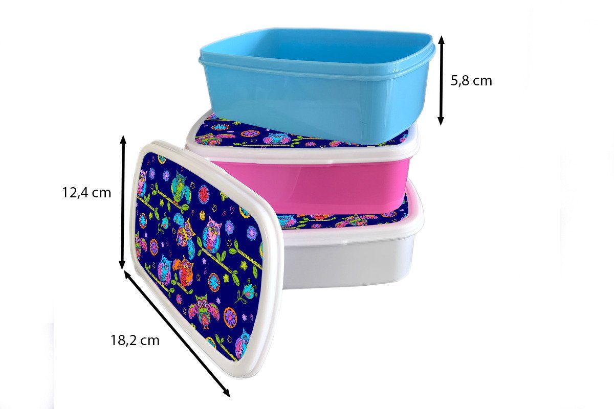 MuchoWow Lunchbox Muster - Snackbox, (2-tlg), rosa Brotdose Erwachsene, - Äste, für Kunststoff, Kinder, Brotbox Kunststoff Mädchen, Eule