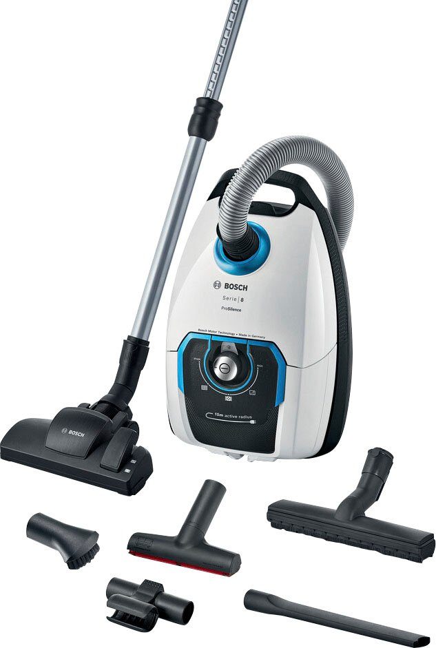 BOSCH Пылесосы Serie 8 ProSilence BGB75XSIL, Hygiene-Filter, 10 Jahre Motorgarantie, 650 W, mit Beutel, Hartbodendüse, XXL-Polsterdüse, langes Kabel, leise, weiß