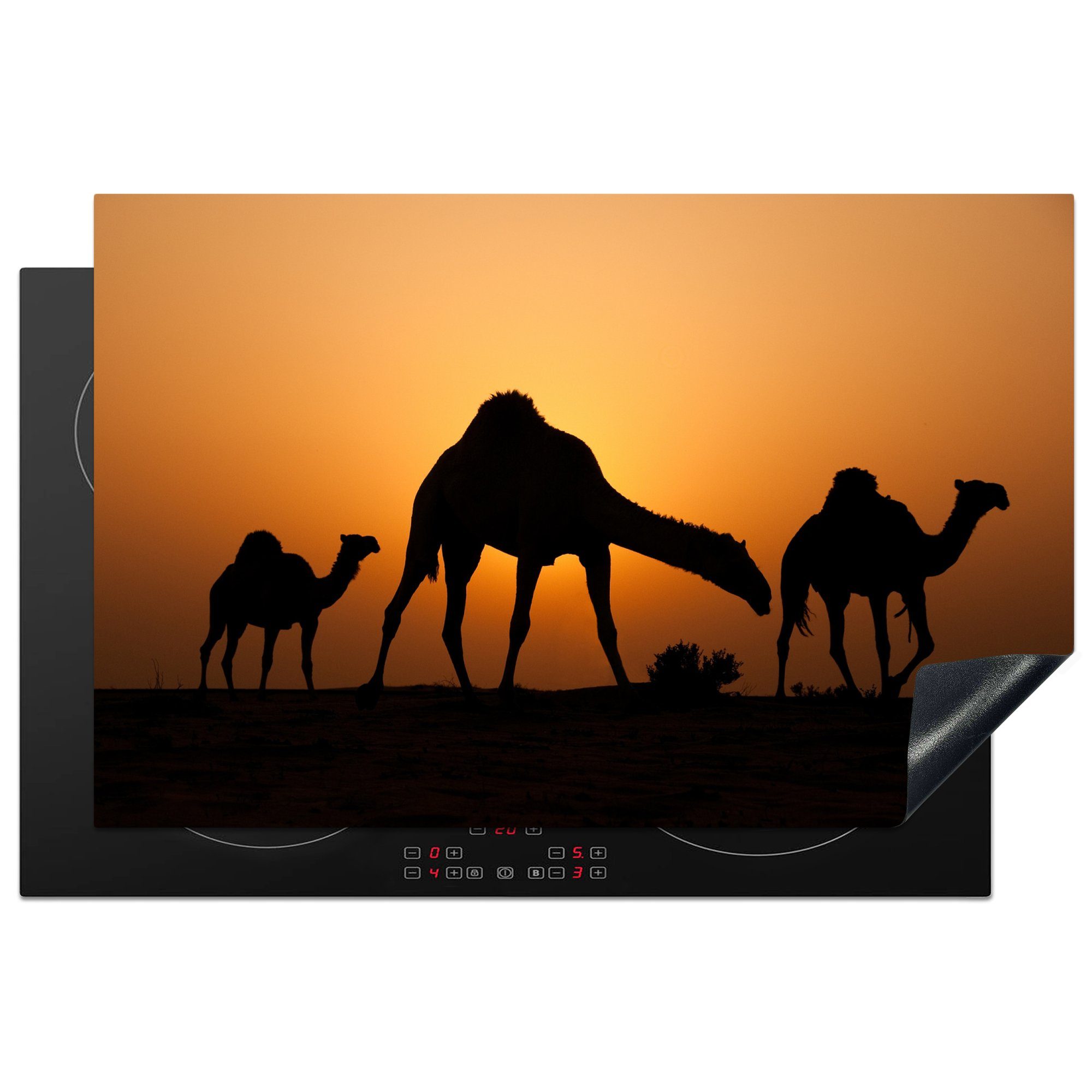 MuchoWow Herdblende-/Abdeckplatte Silhouetten von Kamelen bei Sonnenuntergang, Vinyl, (1 tlg), 81x52 cm, Induktionskochfeld Schutz für die küche, Ceranfeldabdeckung