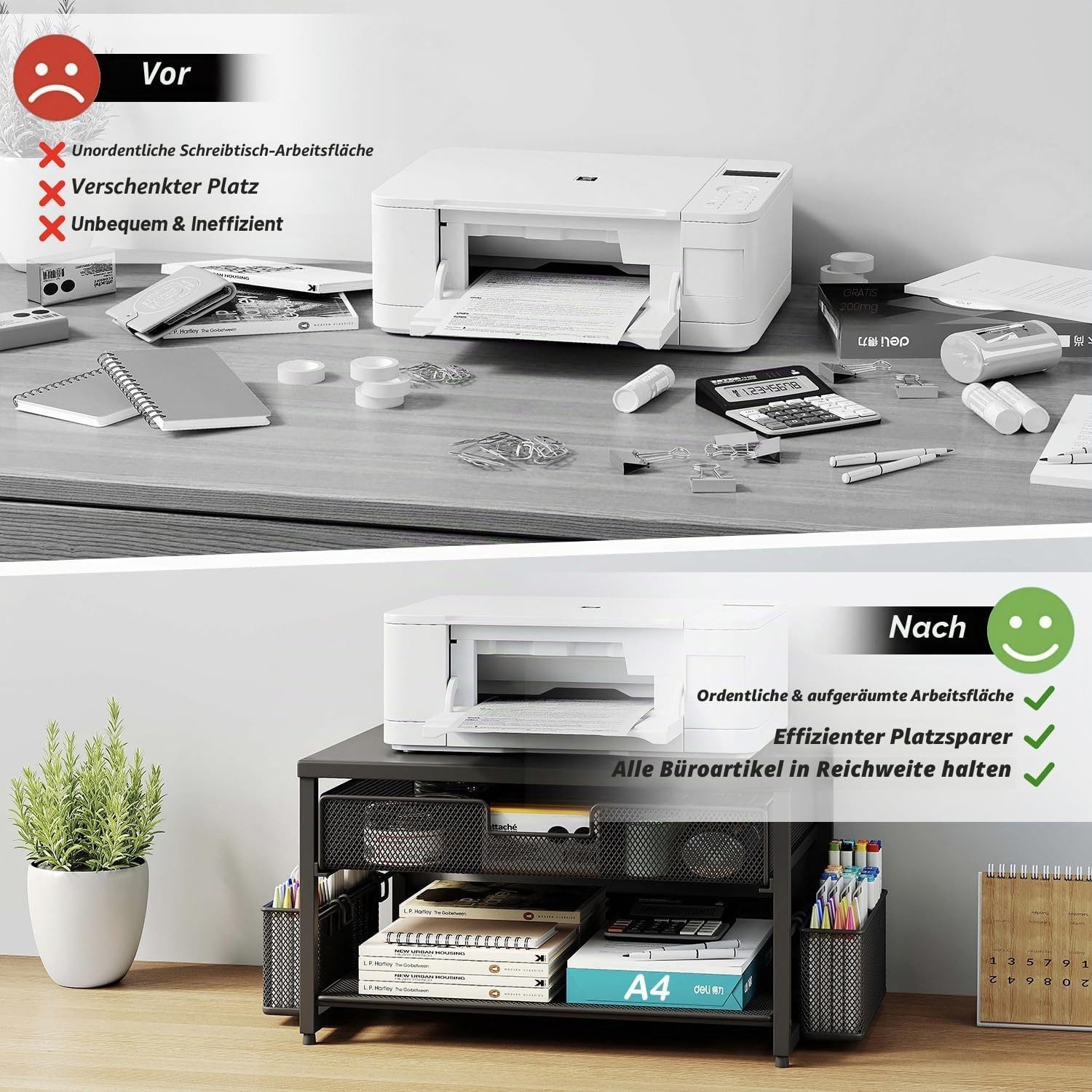SURFOU Druckertisch Drucker- & Monitorständer Metall mit Schublade, für PC/Laptop, Schreibtisch-Organizer mit 2 Stifthaltern, bis 20 kg belastbar