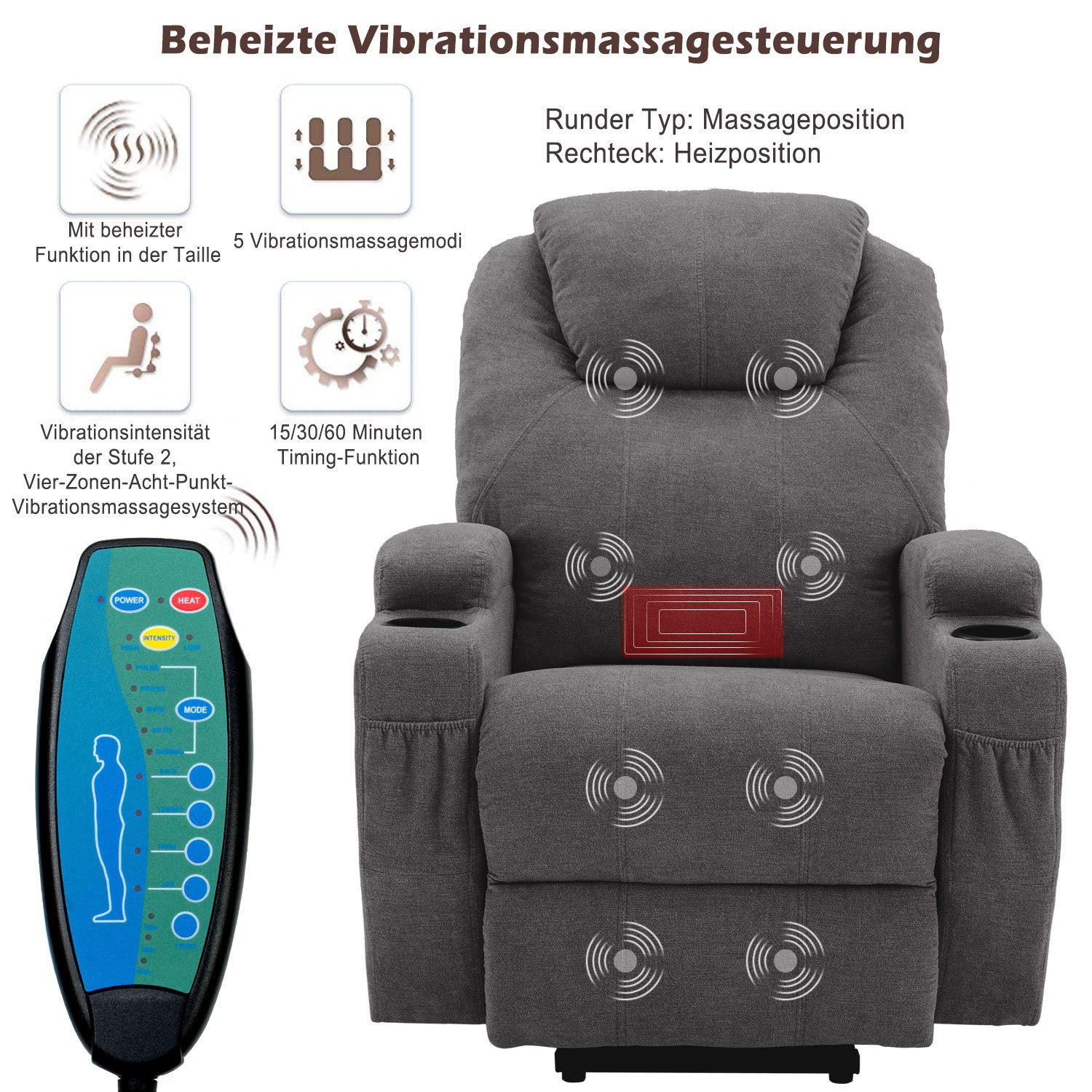 mit Wärmefunktion relaxfuntion, TV-Sessel USB Dunkelgrau und Vibrationsmassage, Massagesesel und Merax Fernbedienung