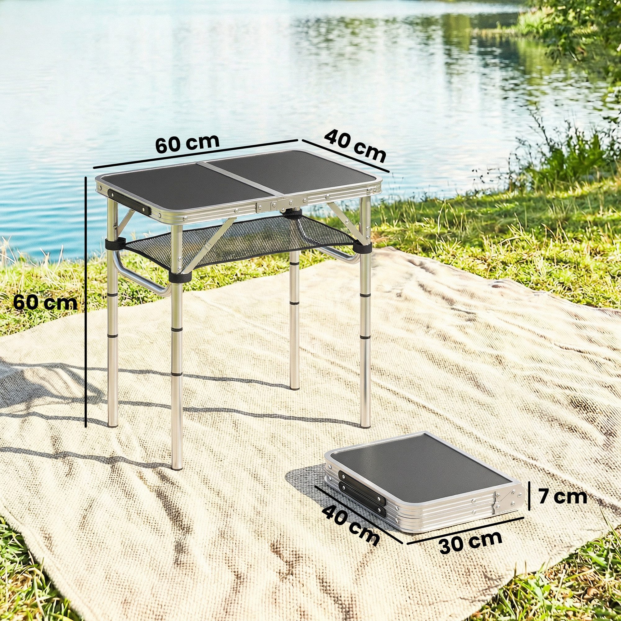 Outsunny Campingtisch Campingtisch mit Netzfach, 4 Höhenverstellungen Beistelltisch (Klapptisch, 1-St., Gartentisch aus Aluminium), für Garten Balkon Camping 60 x 40 cm Schwarz