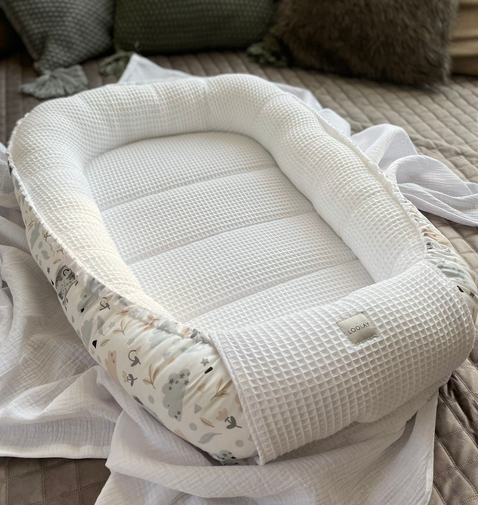 Loolay Bettnestchen Weiß WAFFELPIQUE/ HASE Beige Babynest Babyaustattung Ne günstig online kaufen