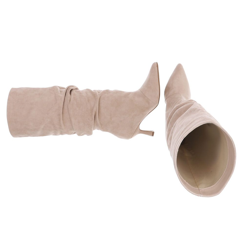 Ital-Design Hochfront Stiefel mit Blockabsatz und Raffung Stiefel (90851725) Pfennig-/Stilettoabsatz Stiefel in Beige
