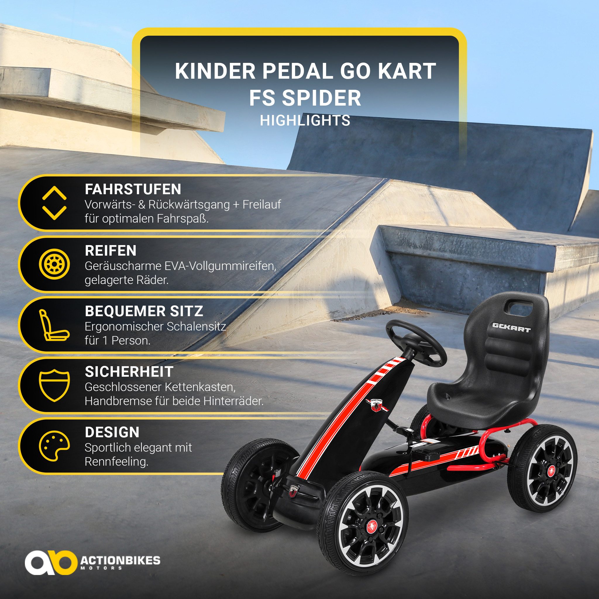 Actionbikes Motors Go-Kart Kinder Pedal Go Kart mit Handbremse, Kinder Fahrzeug Spielzeug ab 4-10 Jahre, Kinderkart, Go Kart