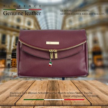 FLORENCE Schultertasche Florence 2in1 Damen Abendtasche (Schultertasche), Damen Leder Schultertasche, Clutch, rot, bordeaux ca. 24cm