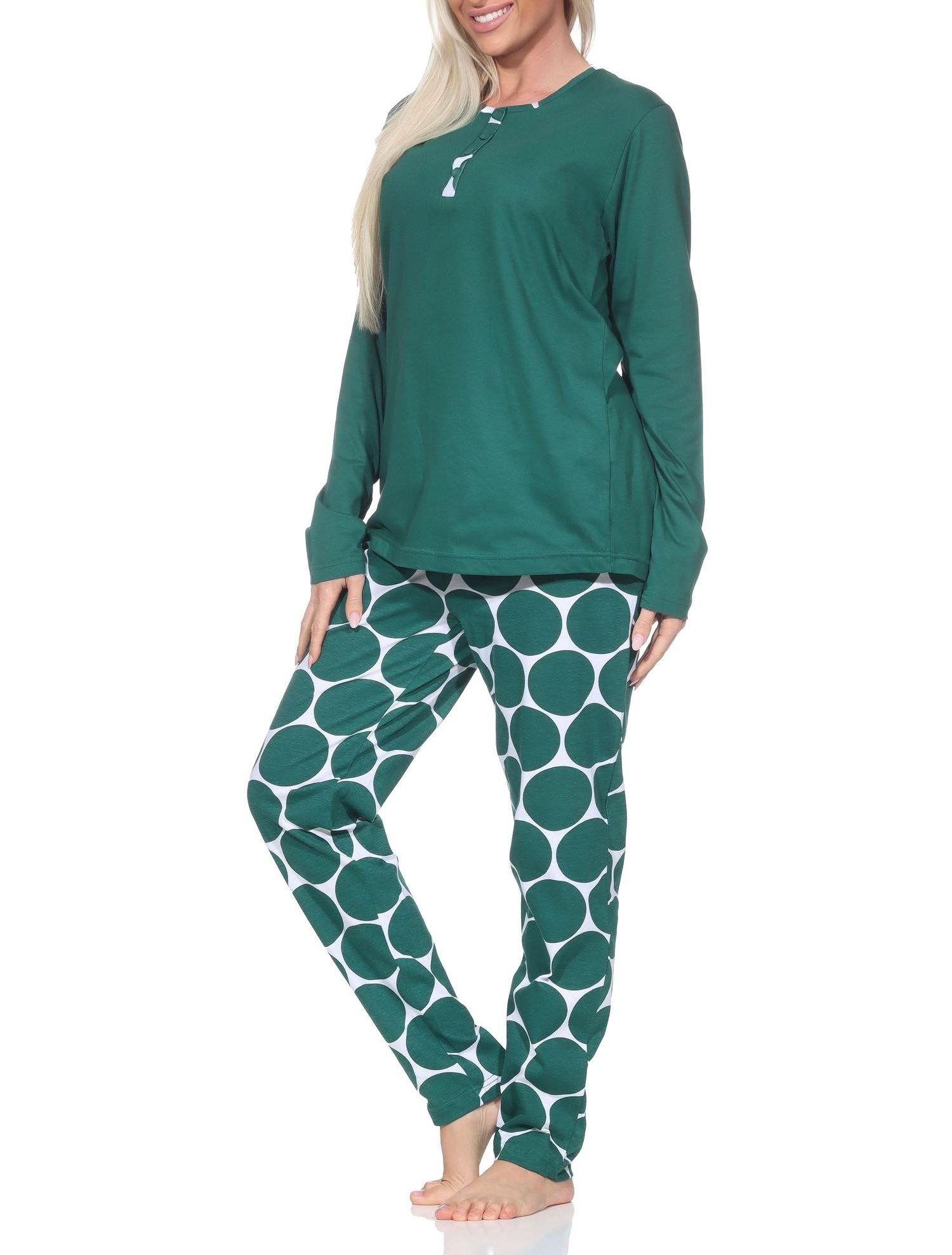 Normann Pyjama Normann Damen Schlafanzug langarm mit Hose in Tupfen Punkte Optik