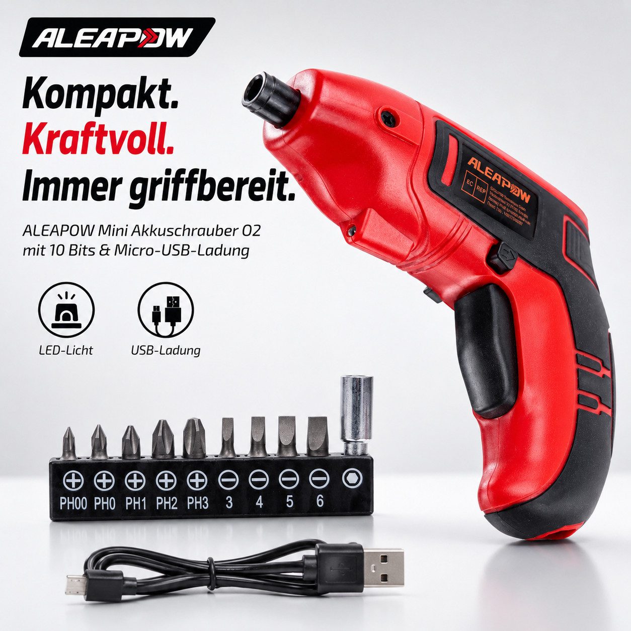 Aleapow Akku-Schrauber, 200,00 U/min, 5,00 Nm, (Mini Akkuschrauber, 11-tlg., 2000mAh 3,6 V Akkuschrauber Klein), Schraubendreher mit 9+1 Bits LED Licht, USB Ladekabel für Schrauben