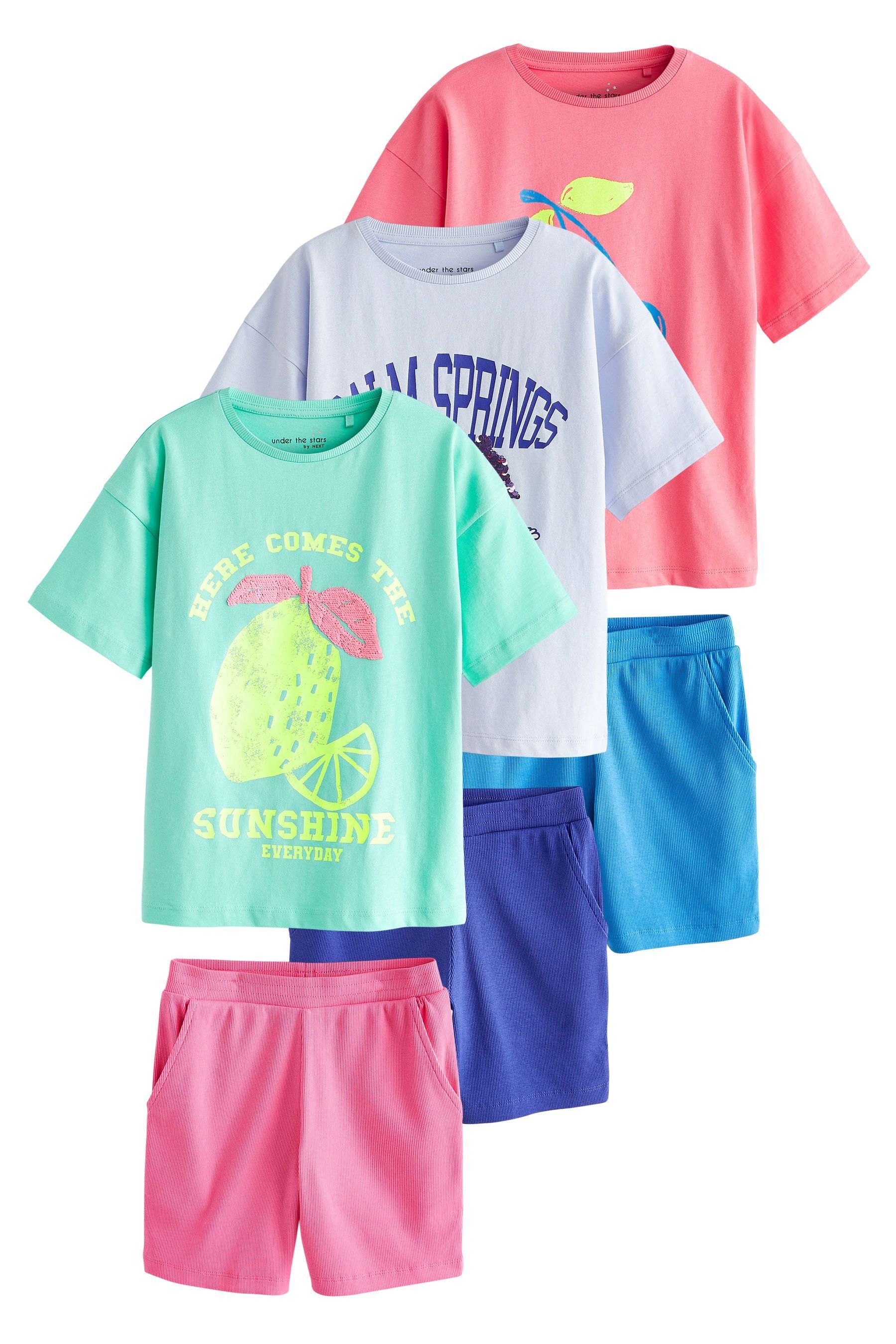 Next Pyjama Kurzer Schlafanzug im 3er-Pack (6 tlg) Pink/Blue Slogan