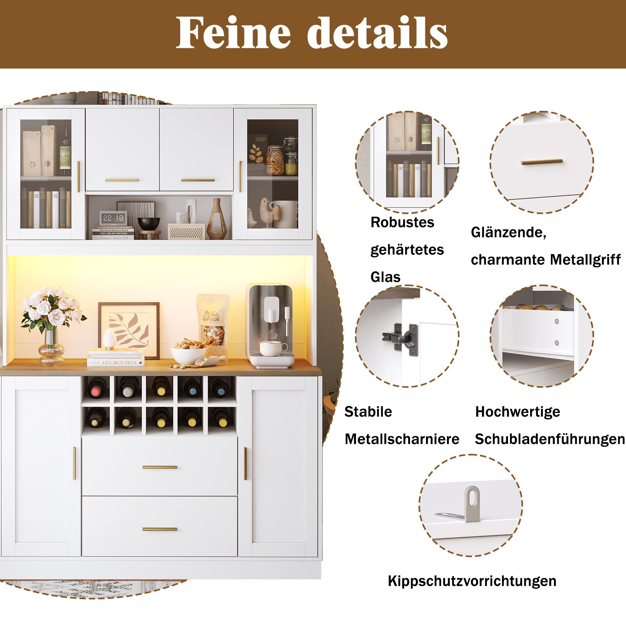 Celya Hochschrank Küchenschrank mit LED-Beleuchtung und Steckdose (Seitenschrank, Aufbewahrungsschrank, mit 6 Türen, 2 große Schubladen) Ideal für Esszimmer, Wohnzimmer und Küche