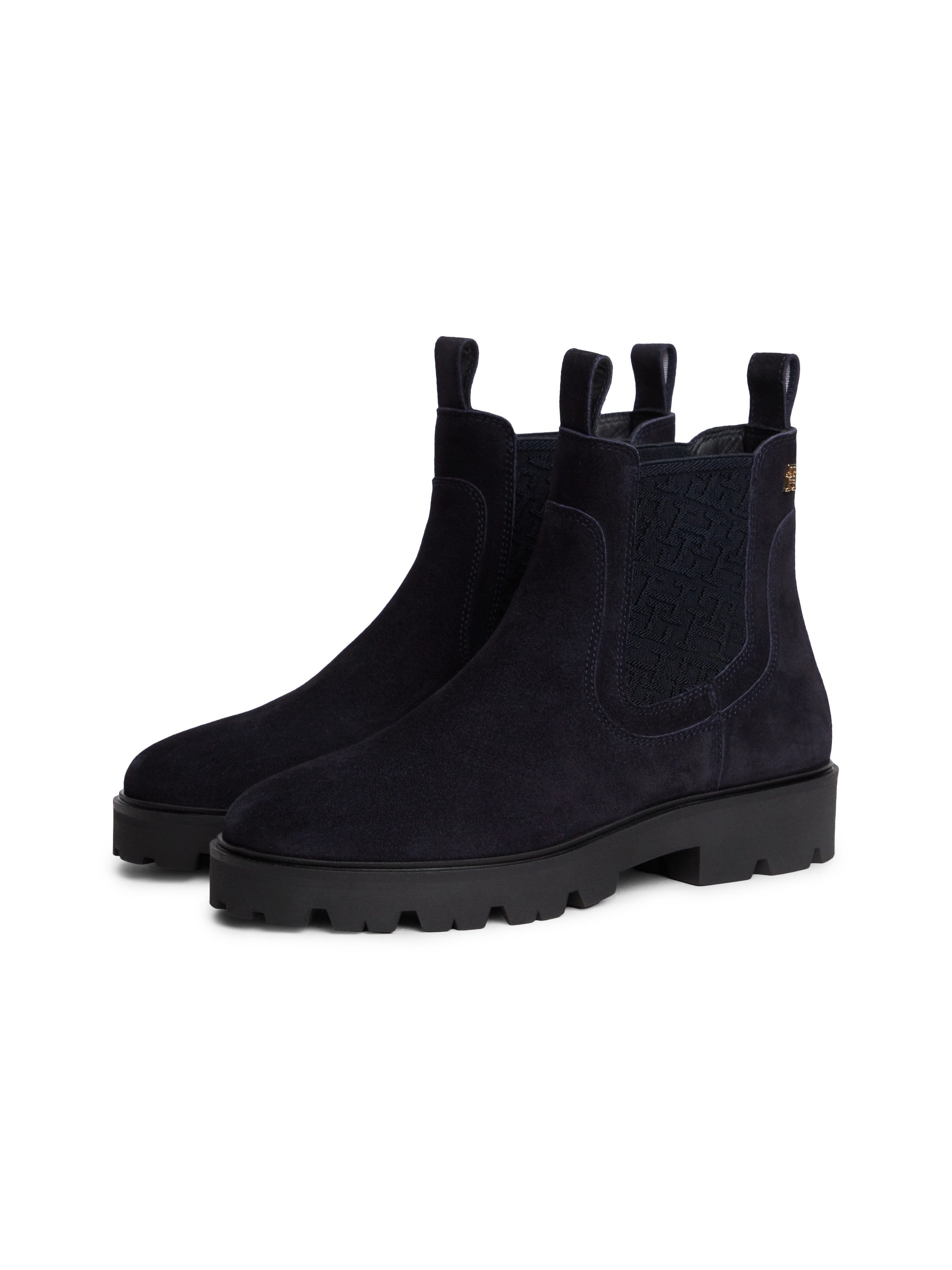 Tommy Hilfiger TH MONOGRAM SUEDE CHELSEA BOOT Chelseaboots Blockabsatz, Schlupfboots, Stiefelett mit TH-Schmuckelement