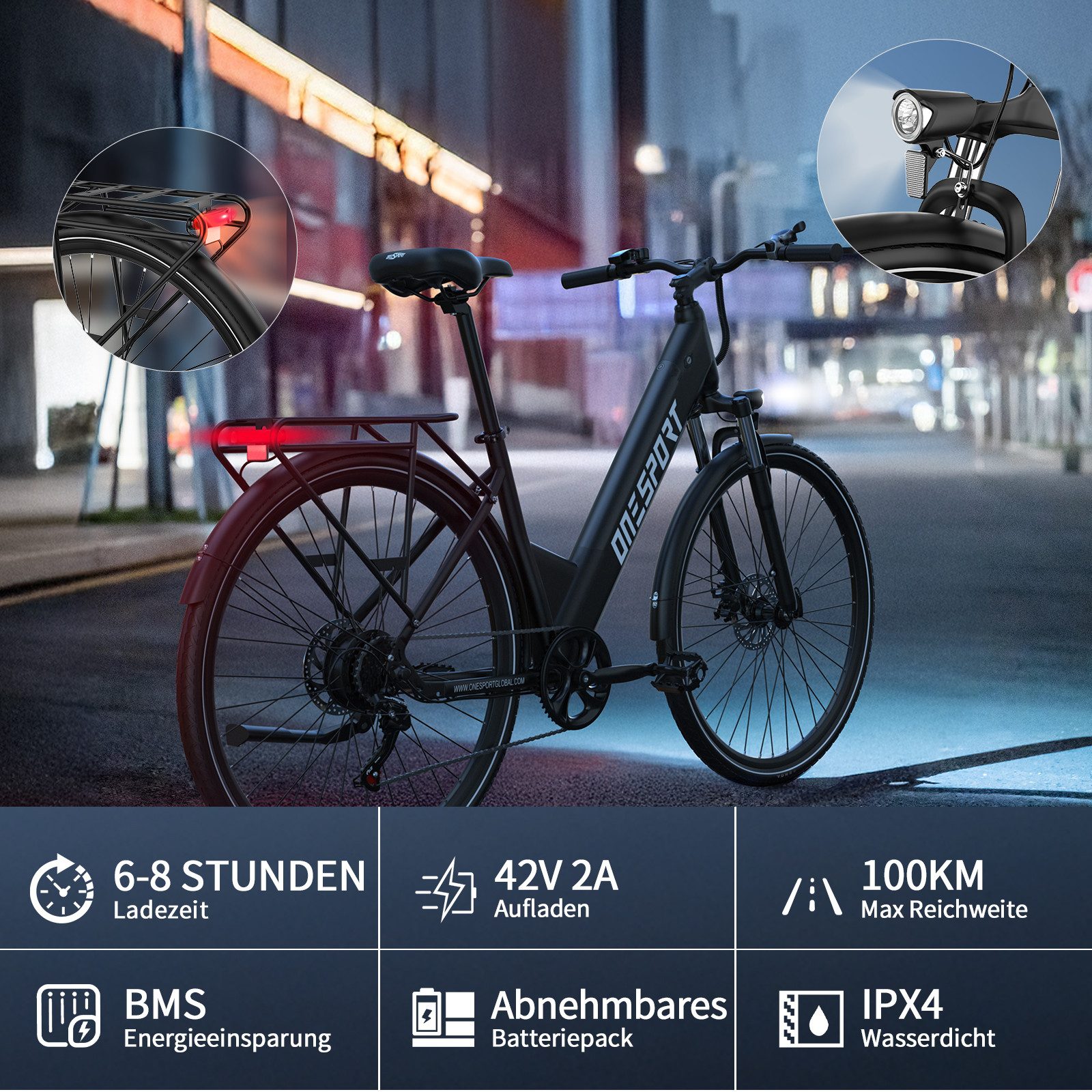 Onesport E-Bike Cityrad OT12 e bike für herren u.damen 468Wh 13AH 36V 250W 28 zoll, Kettenschaltung, Heckmotor, 468 Wh, E-Citybike mit 468Wh abnehmbarer Akku, 250W 36V