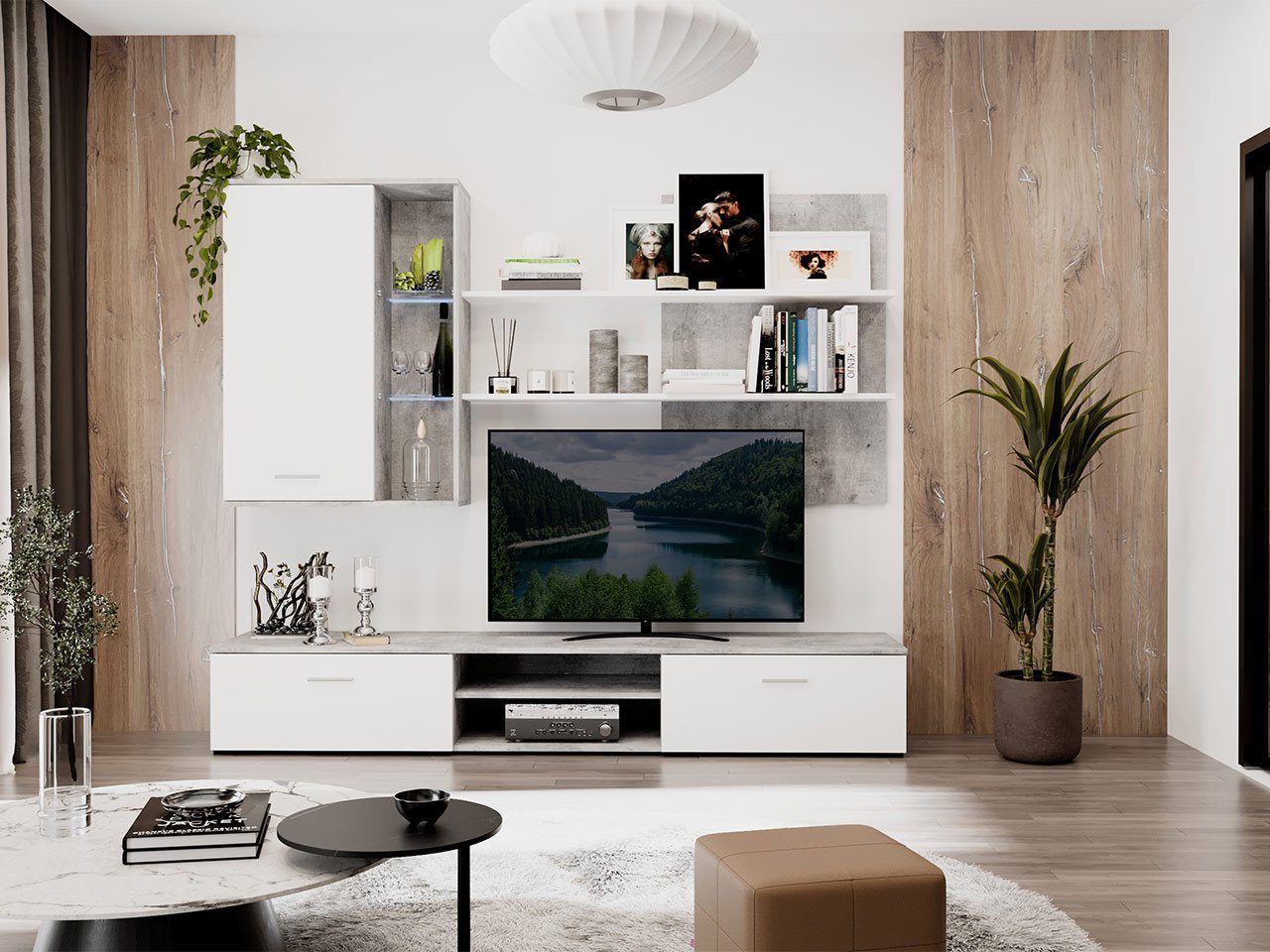 MIRJAN24 Wohnwand Beleuchtung TV-Lowboard, (3er-Set, Quatro, Hängevitrine, weißer Wandregal), LED mit